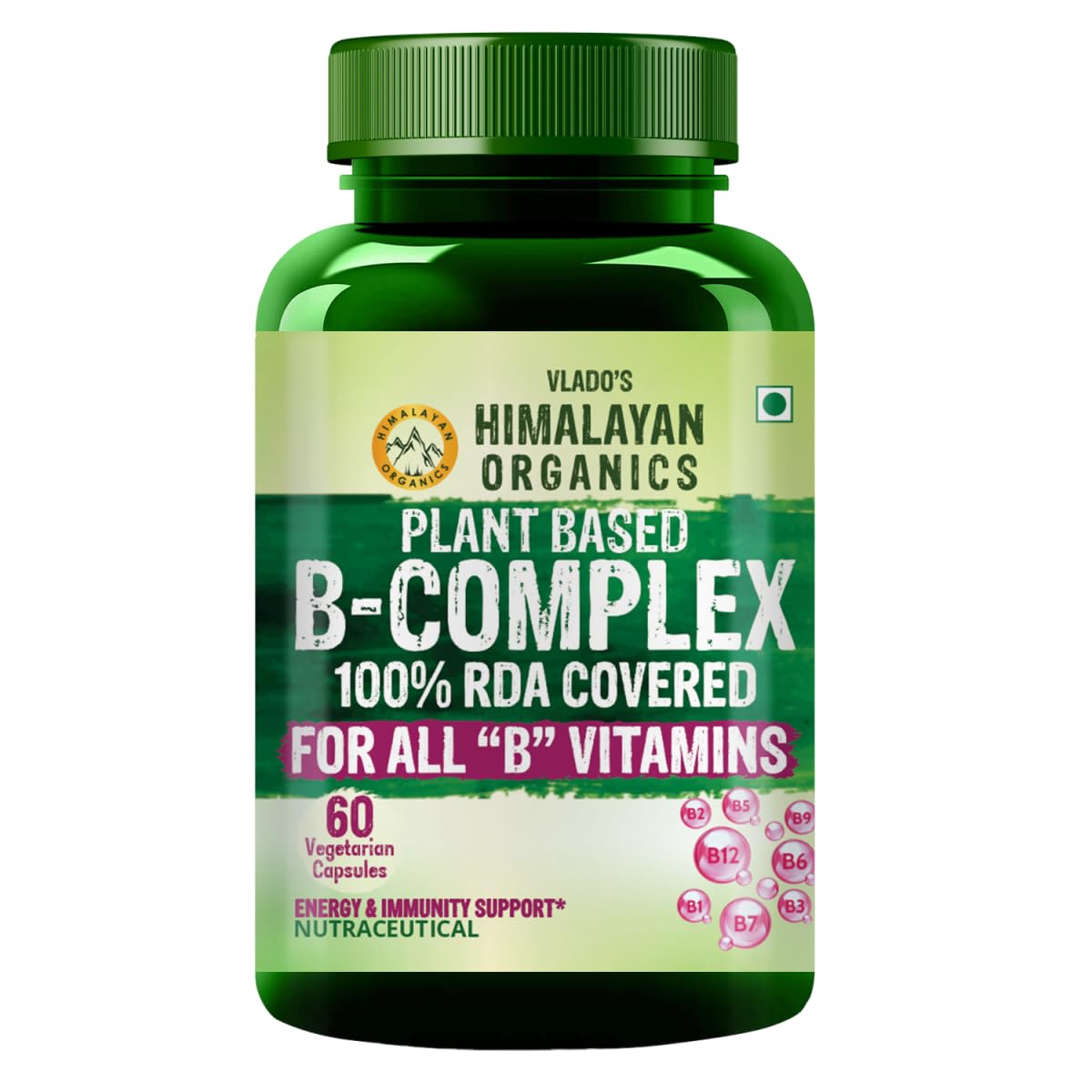 Vlado’s Himalayan Organics Plant Based Vitamin B Complex with 100% RDA B1, B2, B3, B5, B6, B9 & B12 | Hair Growth, Boost Energy And Immunity (60 Capsules)