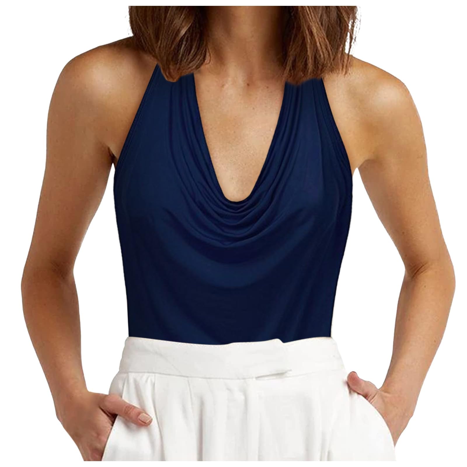 Damen Tanktop Aus Seidensatin – ärmellos Mit Wasserfallkragen – Luftig, Lässig, Im Sommer-Basic-Look – Auch Als Camisole Oder Shirt Tragbar
