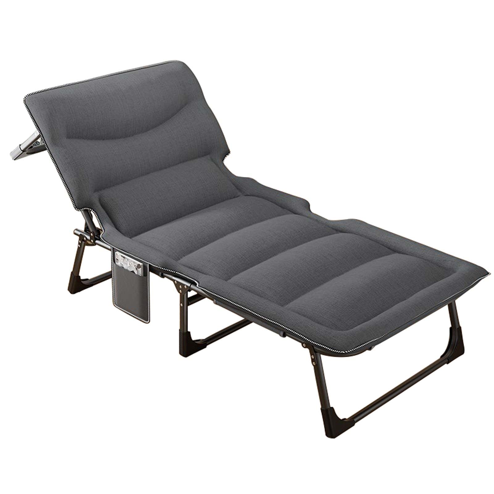 Sun Lounger with Cotton Pad, Portable Folding Camping Bed with Pillow And Side Pocket, 4 Position Adjustable Reclining Lounge Chair for Beach BBQ Hiking Office,Black