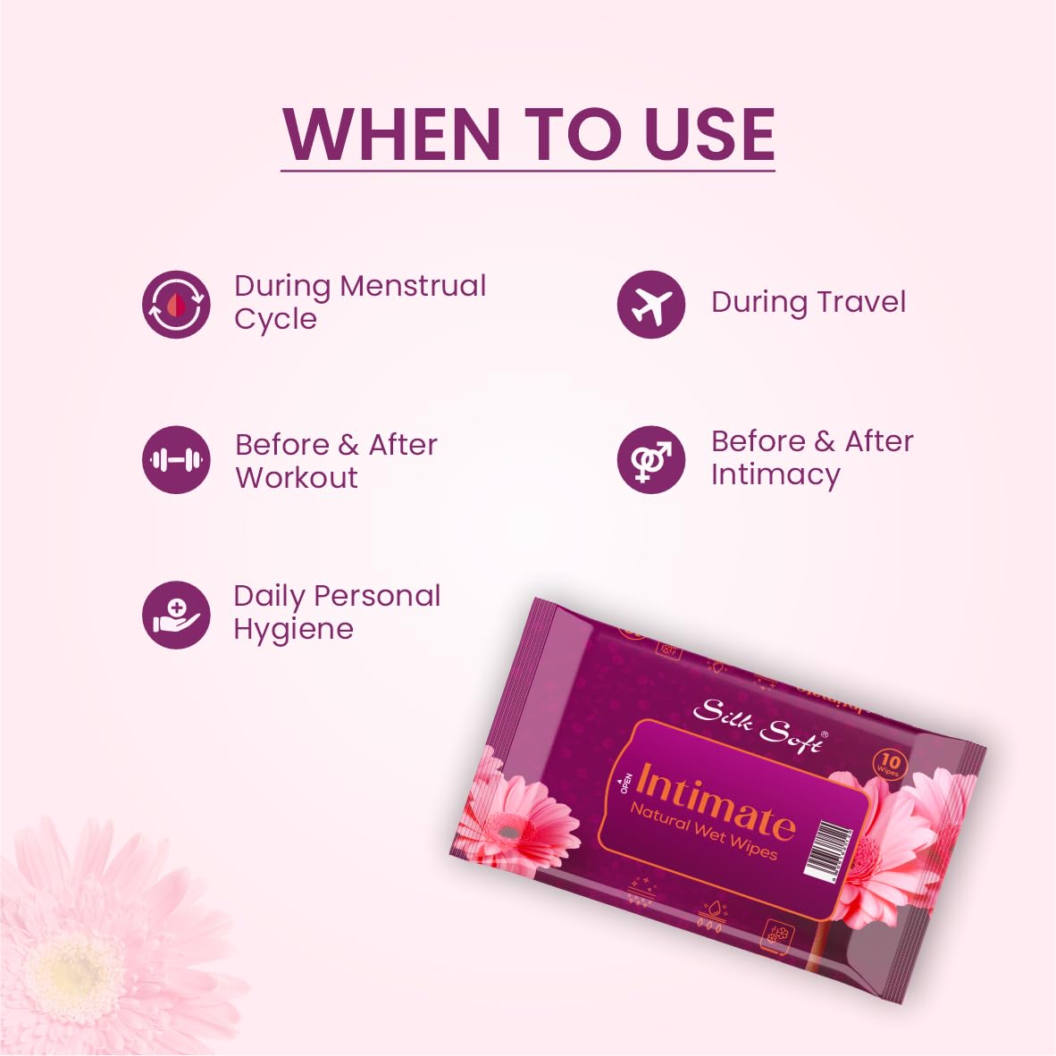 Silk Soft Intimate Wipes Women β 50 Wipes (Pack of 5 x 10) | Menthol & Fragrance Extract | pH Balanced, Alcohol & Paraben Free | Skin-Friendly Daily Hygiene 3