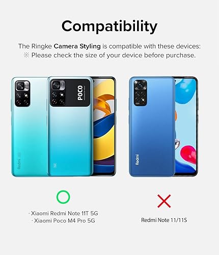 Miniatura 2 de Ringke Estilo de cámara compatible con Xiaomi Note 11T 5G / Poco M4 Pro 5G Protector de lente de cámara, marco de aluminio, adhesivo protector