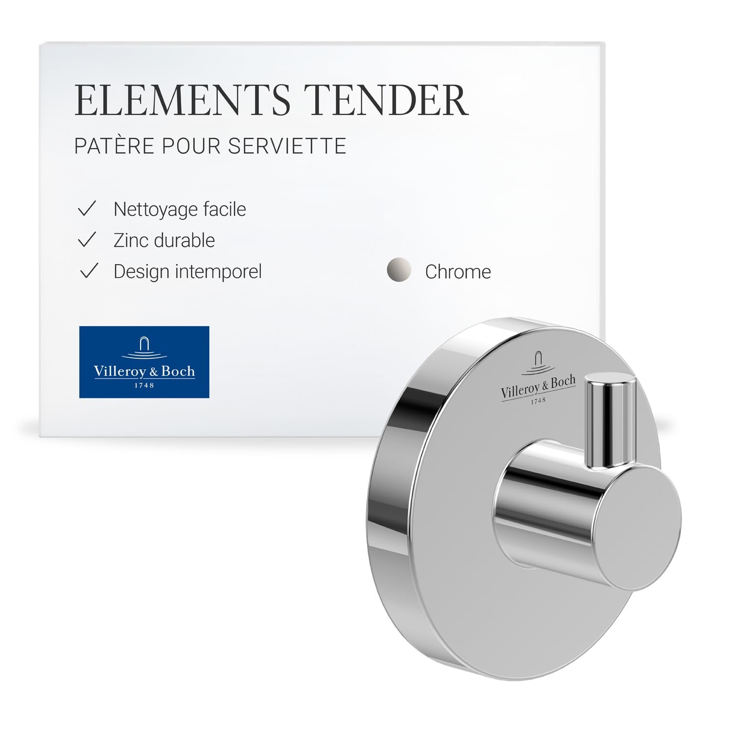 Villeroy & Boch Elements Tender crochet pour serviettes, rond – Chrome | Adapté pour un montage mural, en zinc, 54 x 32 x 54 mm, TVA15101100061