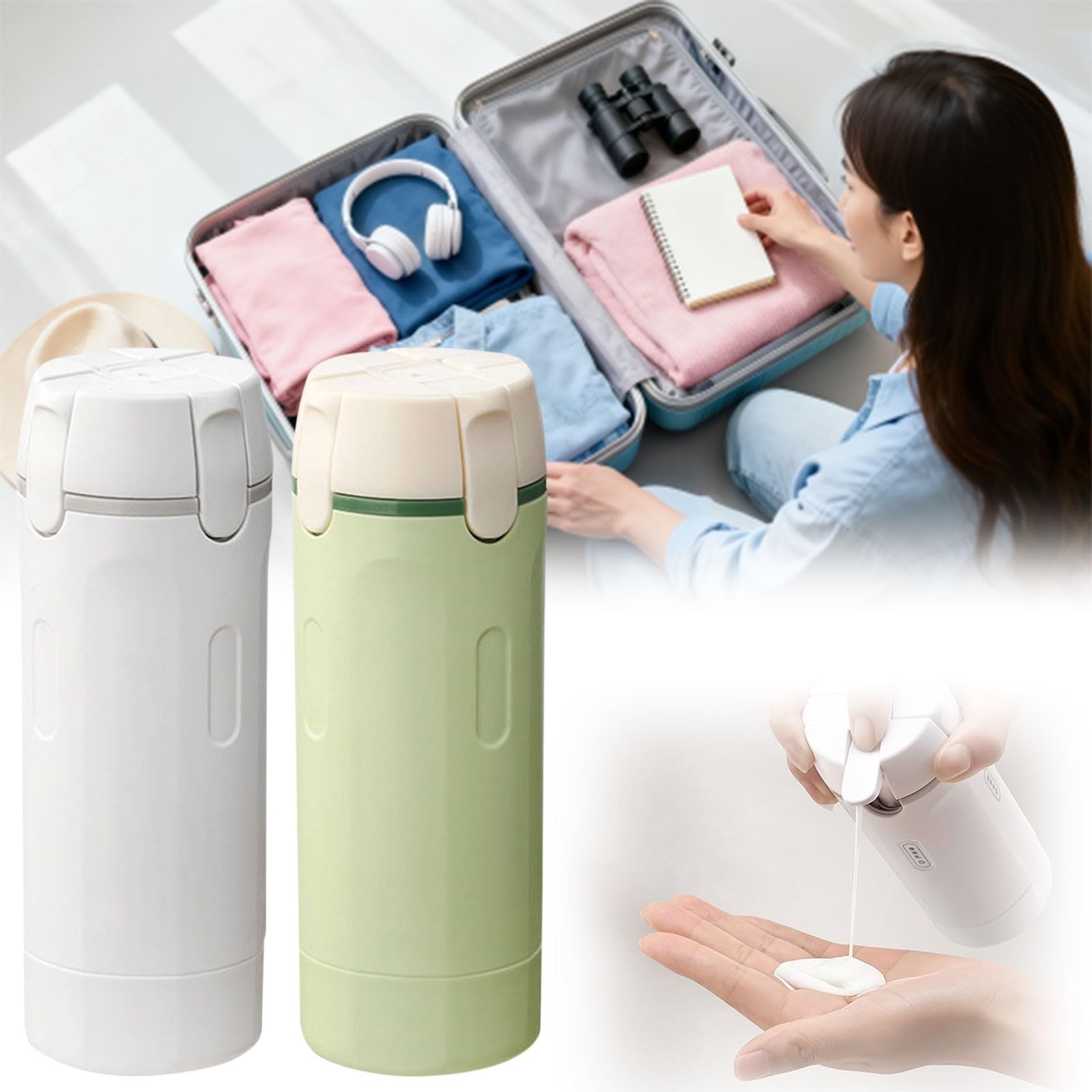 Bottiglie da viaggio 4 in 1 ricaricabili con design a prova di perdite, bottiglie portatili comprimibili per shampoo e liquidi, etichette facili da scalare