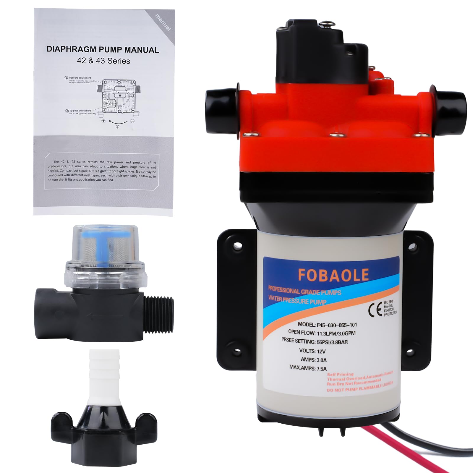 Pompa membranowa, DC 12 V, wysokociśnieniowa pompa wodna, 55 psi, 5,5 GPM, 4-komorowa membranowa, przemysłowa pompa ciśnieniowa do łodzi morskich RV (1 filtr + 2 złącza)