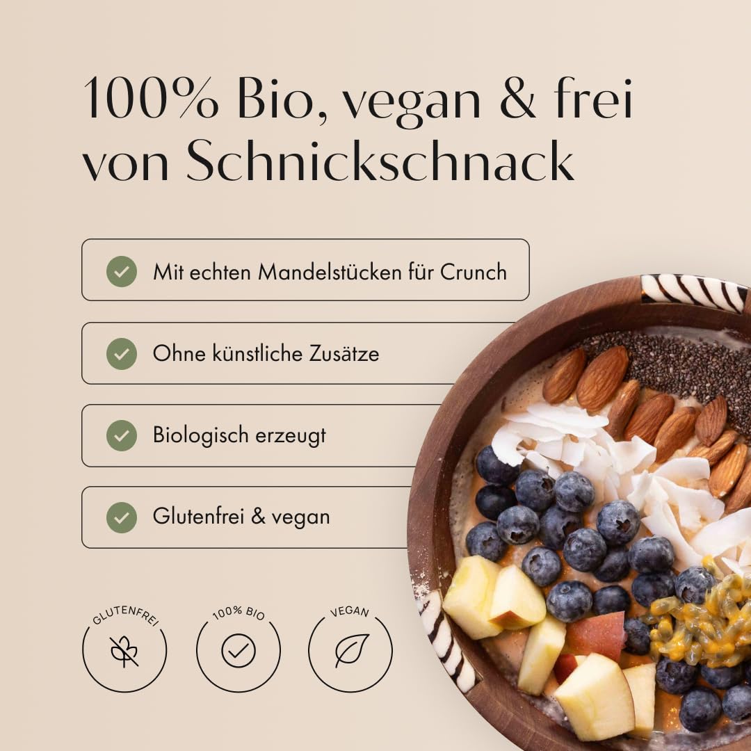 JOY NATURALS Mandel Protein Porridge NATUR Bio 1000g – Veganes Frühstück mit hohem Eiweißgehalt, Ohne Zuckerzusatz, Glutenfrei, Pflanzliches Protein