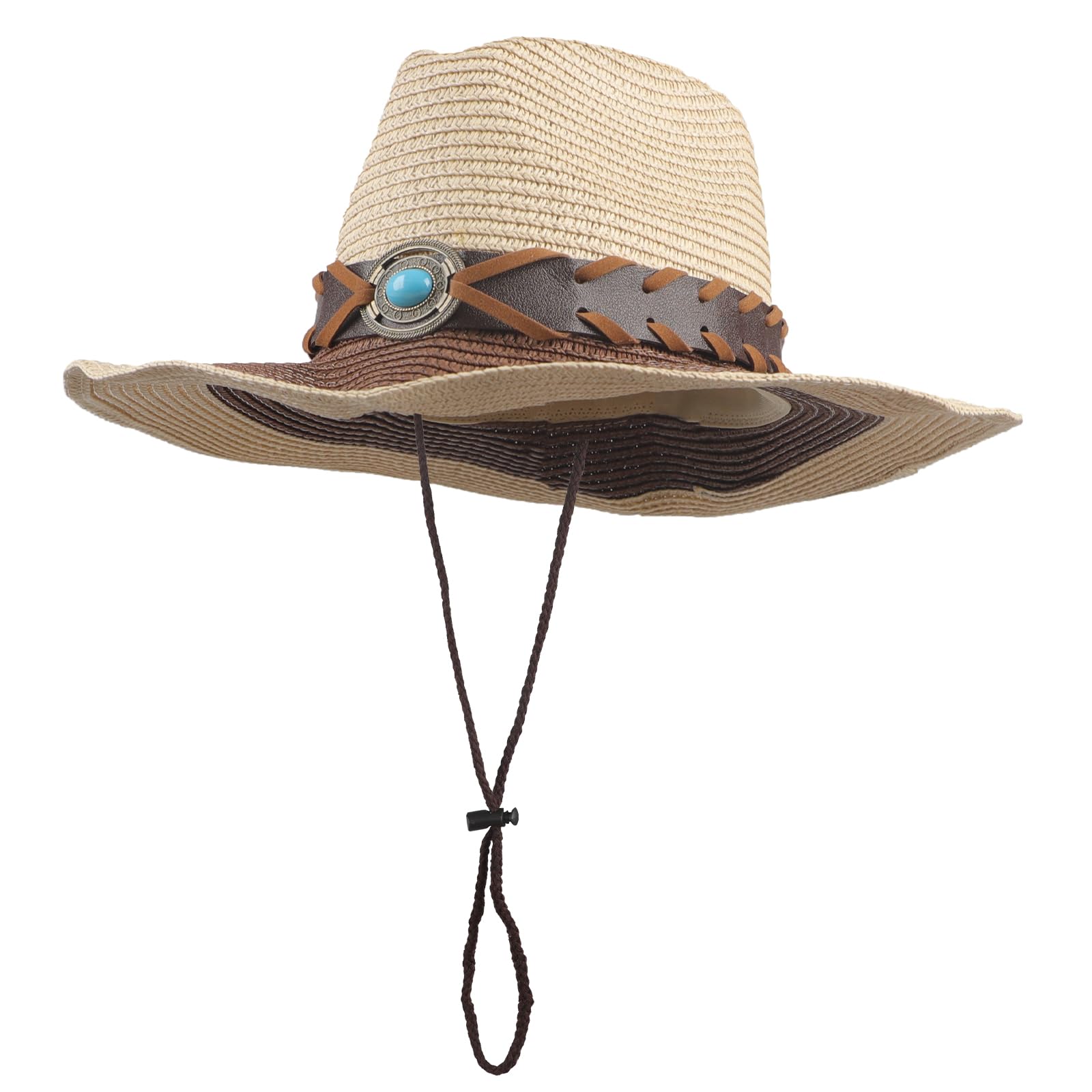 TINAYAUE Straw Western Hat Cowgirl Cowboy Hat for Women Men Outdoor Travel Roll Up Cowboy Hats with Brown Decorative Leather Belt (US, Alpha, One Size, Beige)