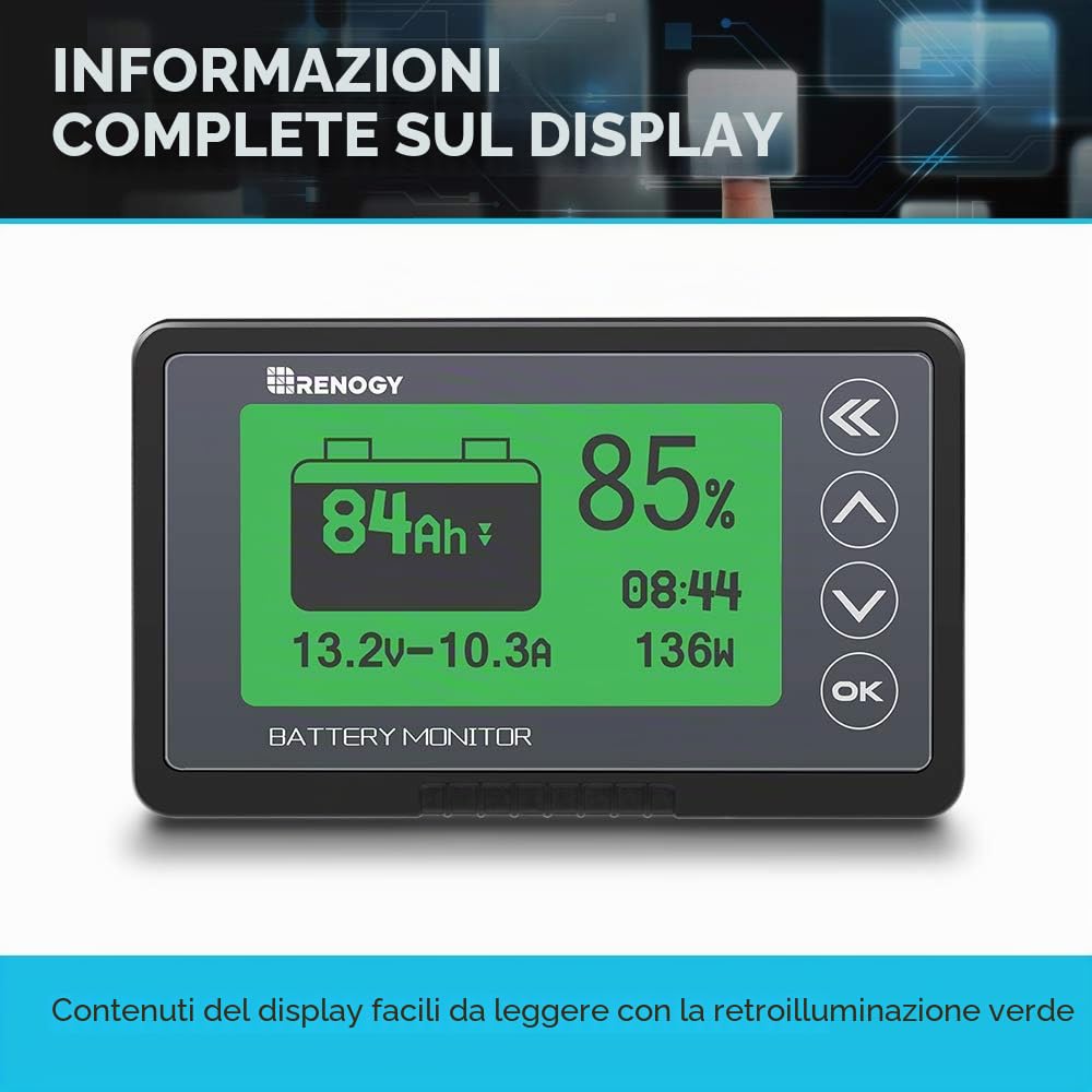 Renogy Batteria 500 A 12 V/24 V/36/48 V, monitor batteria ad alta precisione con allarme programmabile per alta tensione e bassa, compatibile con LiFPO4, AGM, sigillato, gel, batterie bagnate per