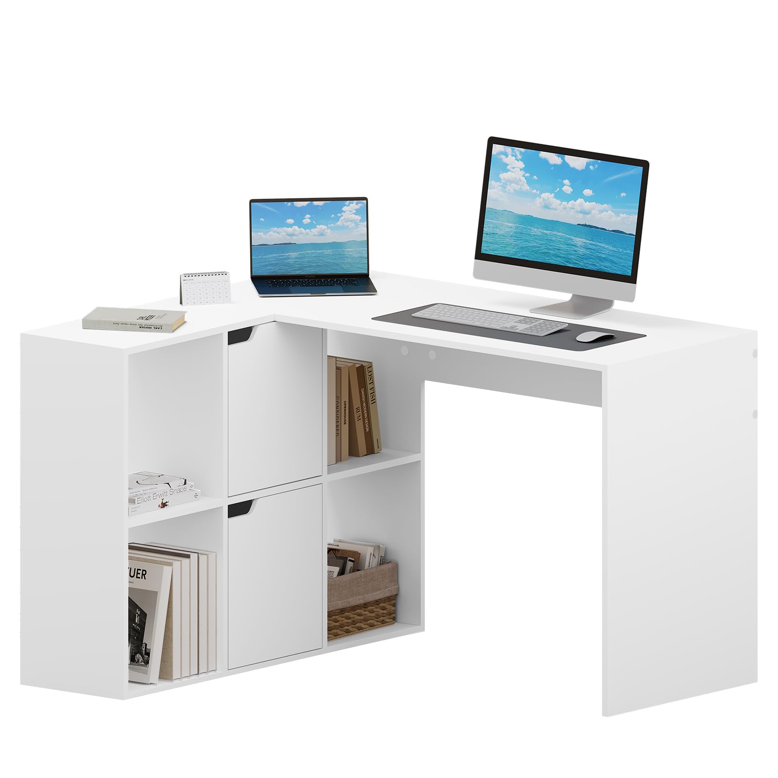 eSituro Escritorio Oficina, 100cm, Mesa Escritorio, Escritorio L de Doble Tablero, Escritorio con Estantería de 6 Compartimentos, Mesa PC Ordenador para Estudio Oficina Dormitorio, Blanco