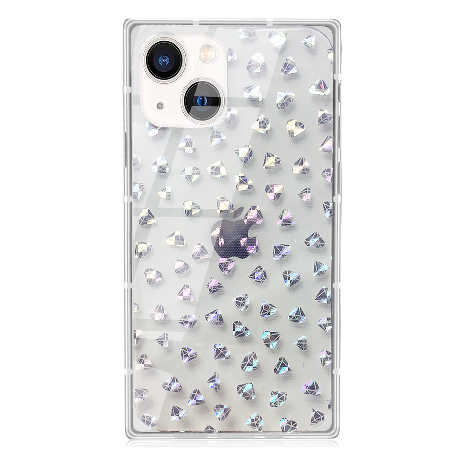 LEMONCOVER for iPhone 13 Case (6.1") Square Cute Clear Glitter Bling Holographic Design Pattern,Soft Camera Screen Protective Bumper Women Girls Slim Flexible Shockproof Cover- Rainbow Diamond
