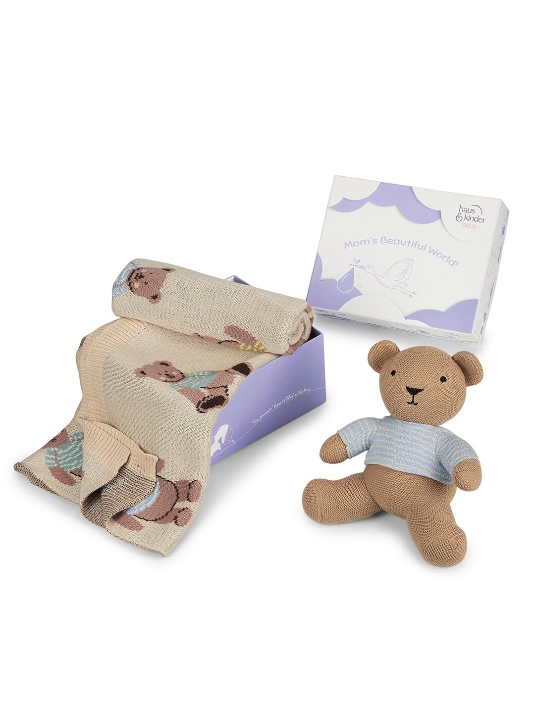 Haus and Kinder Muffin Bear Baby Blanket and Toy Set – Pack of 2 | Soft Knitted Baby Blanket with Teddy Bear Design, Newborn Essentials, Infant Shower Gift, 80X100 CM, Toy-25cm, 0-3 Years-image-11