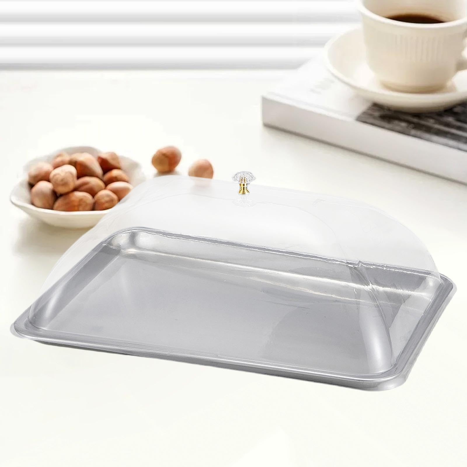 Vassoio Da Portata in Acciaio Inox, Piatto per Torta con Coperchio Trasparente, Vassoio Multifunzionale per Dessert E Snack, Ideale per Feste, 45x35x2 Cm