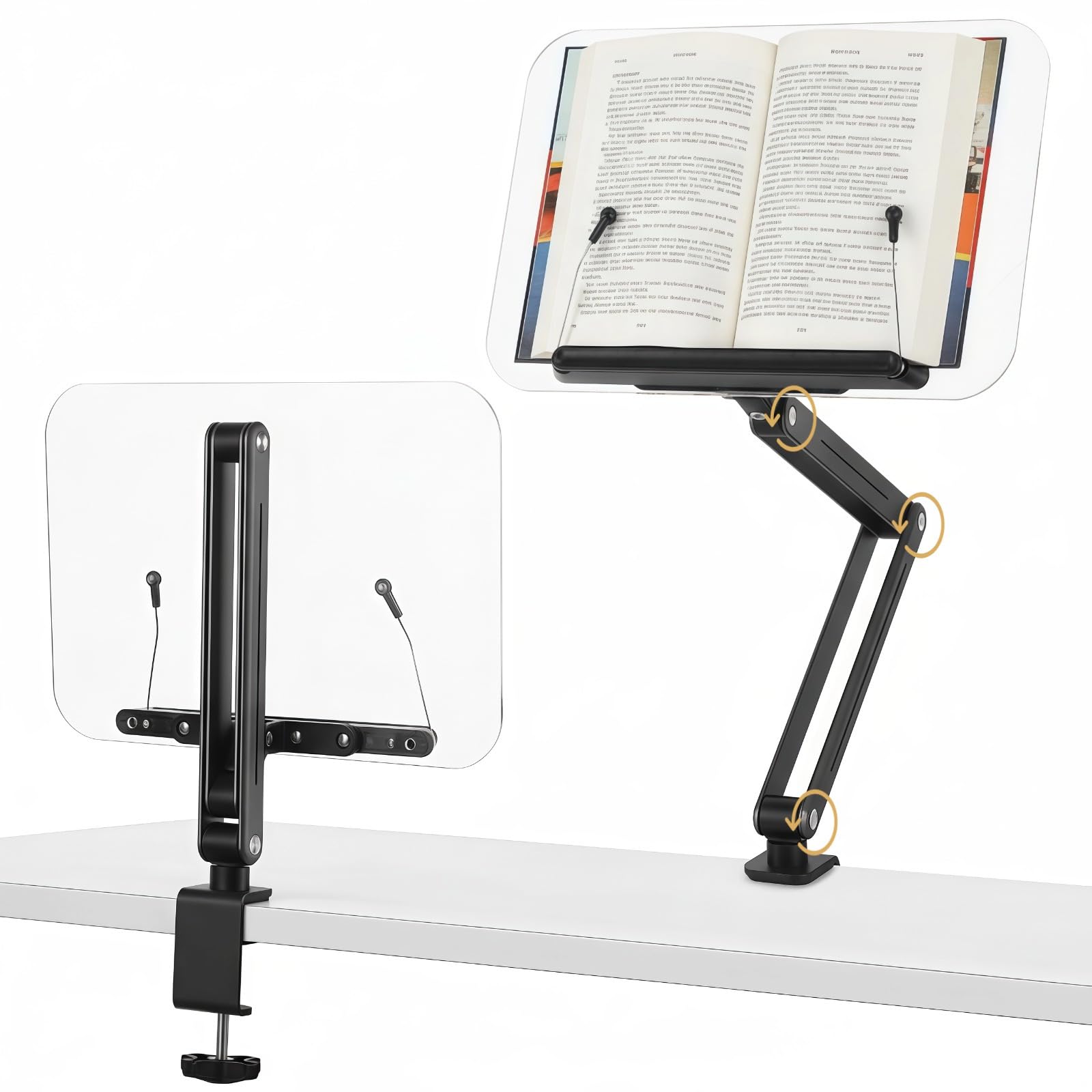 Reading Desk Clamp Book Stand, 360° Adjustable, Height and Angle Adjustable Cookbook Stand, Foldable Aluminum Alloy Desktop Recipe Holder for Tablet, Sheet Music, Bible