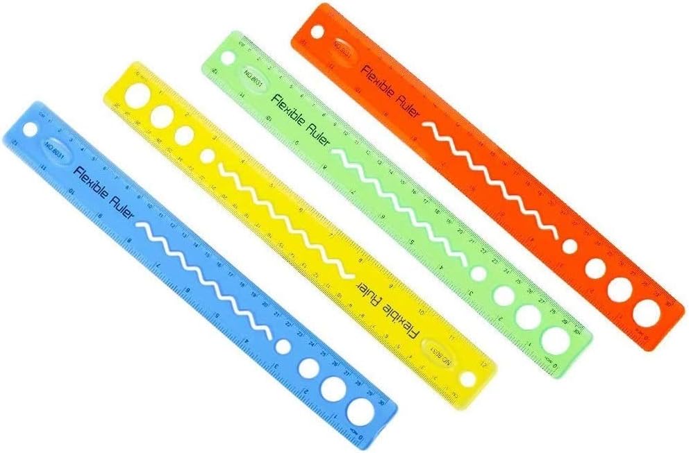 Bendy Ruler 30cm / 12 inch 4 Pack Multipack Flexible Clear Relers Soft Shatterproof Bendable for School Classroom Office Supplies 4 Color Red Yellow Green Blue