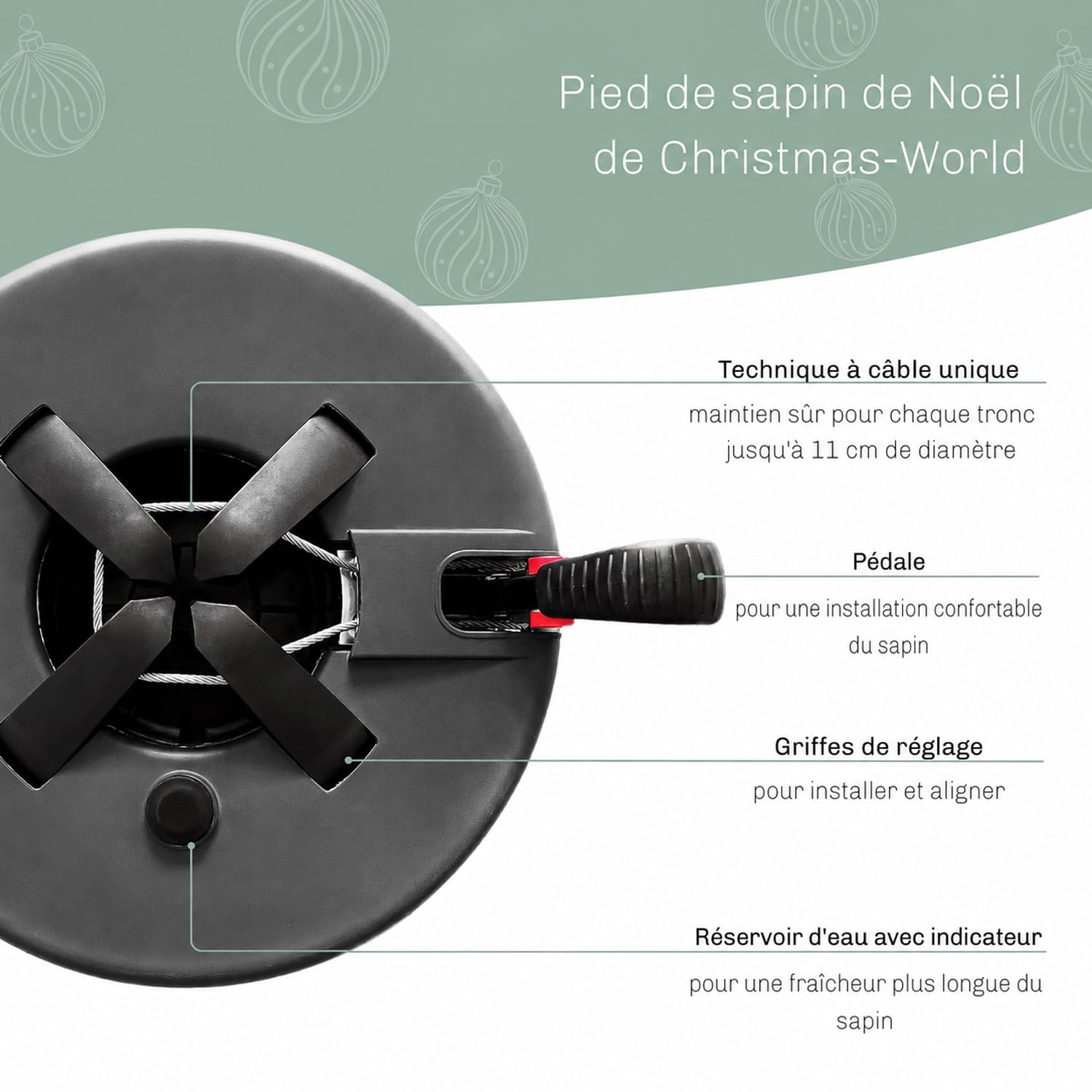 Blumixx Christmas-World Support pour Sapin de Noël Taunus - Pied de Sapin Stable pour Sapin Naturel jusqu'à 2,25 m, système à Levier, câble Unique, réservoir d'eau 2 L
