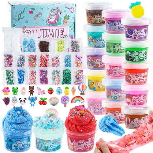 Okaybee 48 FL OZ Big Premade Slime Kit - 18 Pack With 6 Butter, 6 Cloud & 6 Clear Crystal Varieties - Party Favors for Kids, 56 Pcs Pack With Jelly Cube Add-ins