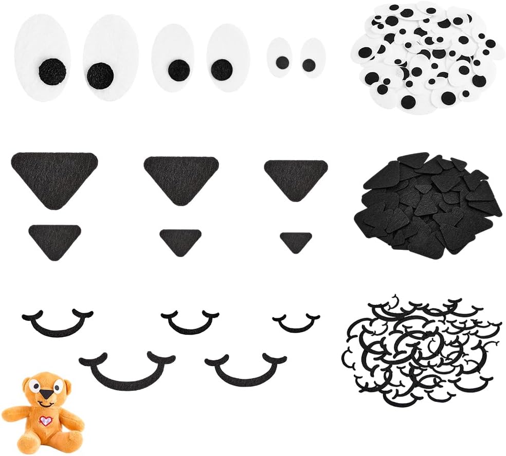 FINGERINSPIRE 180PCS Felt Craft Set for Doll Making 3 Styles Black Facial Features Applique Soft Eyes Nose Mouth Felt Applique Patches for DIY Plush Animals Puppet Crafts Handmade Art Projects