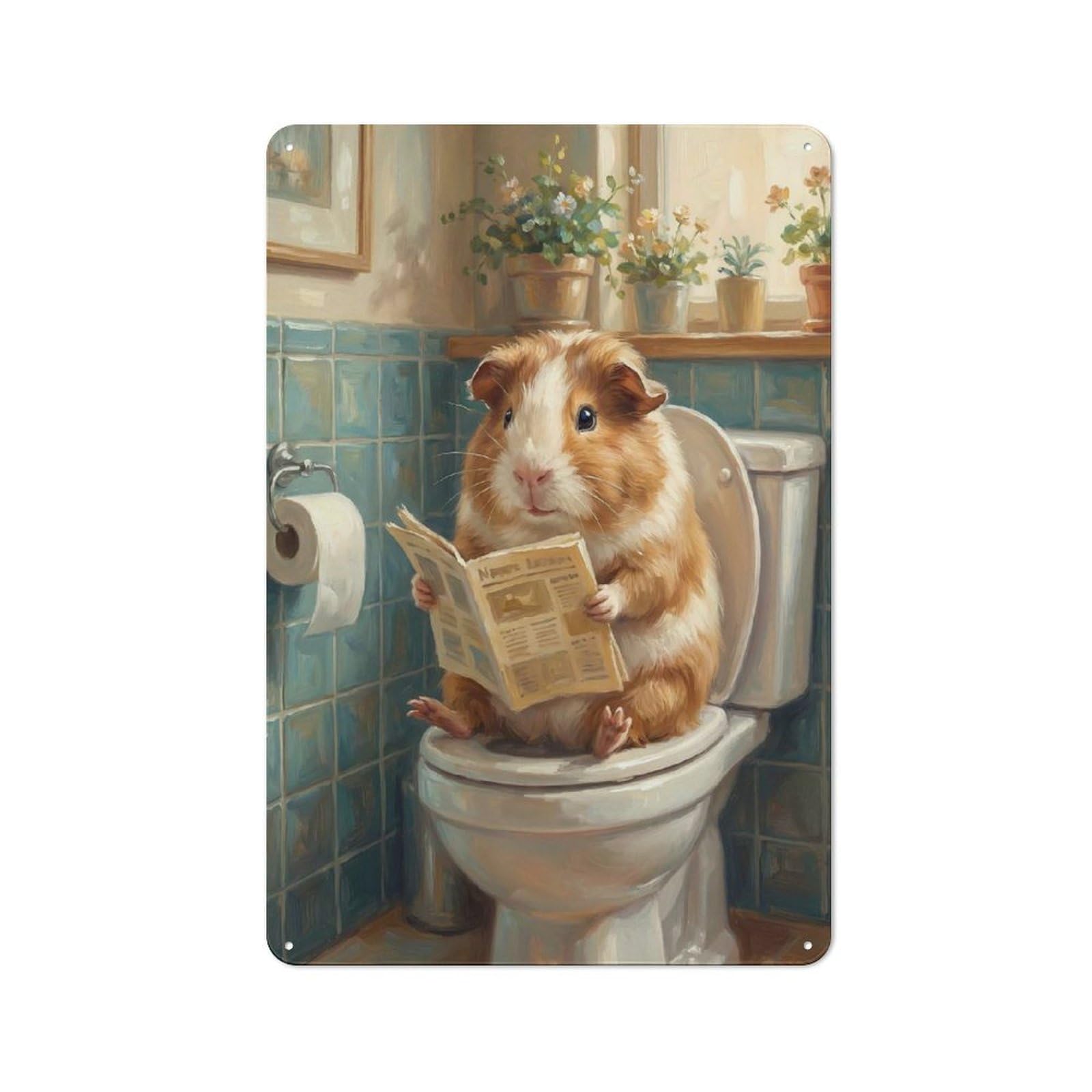 Guinea Pig Reading Newspaper on Toilet Metal Wall Plaque, Clean Printed Wall Decor for Party Wall, Porch Or Living Room, 30x20cm