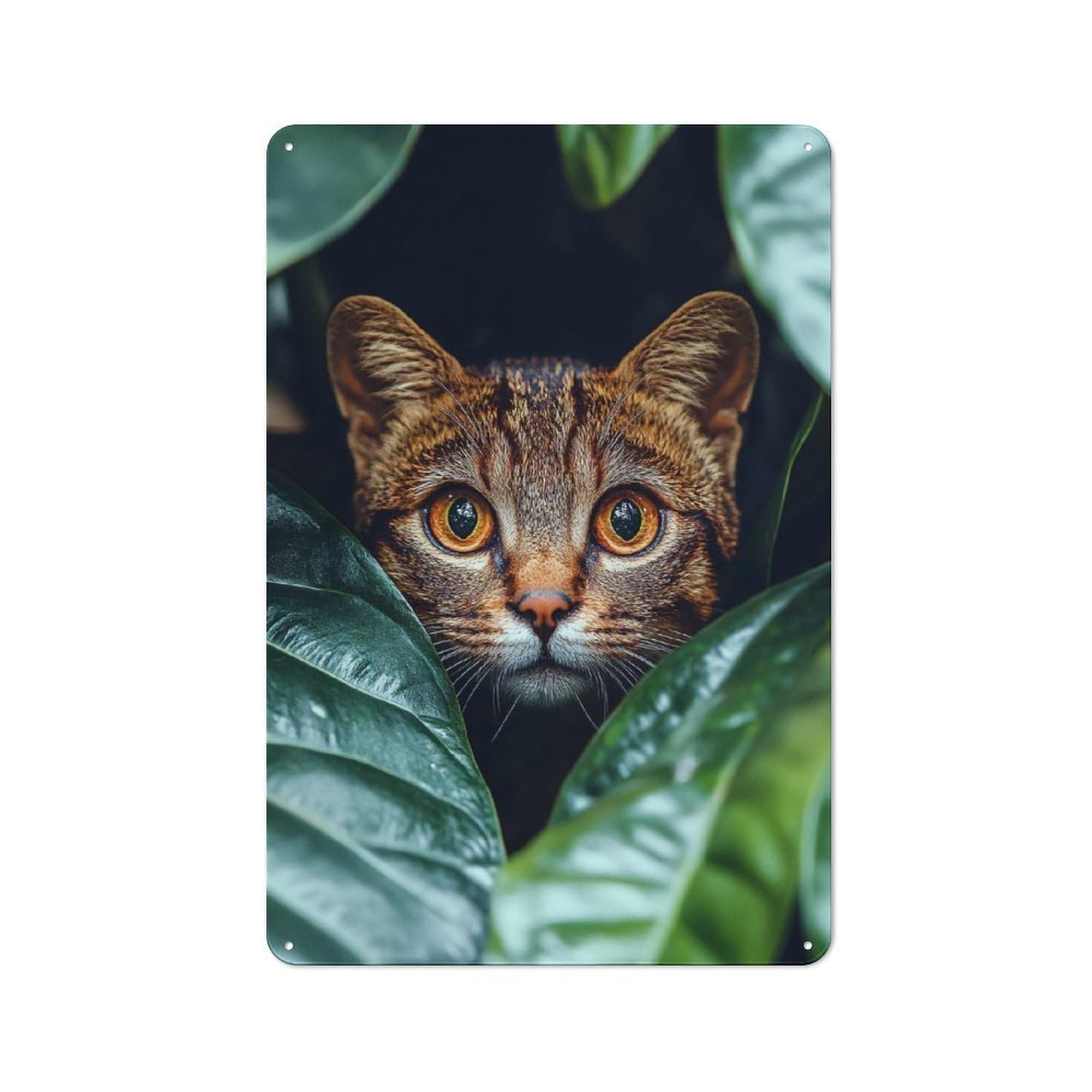 Junmoney Style-24 For Garage Or Workshop, Wild Cat Peeking Through Green Leaves Rustic Metal Plaque 30X20cm, Suited To Wall Displays In Garages And Tool Rooms