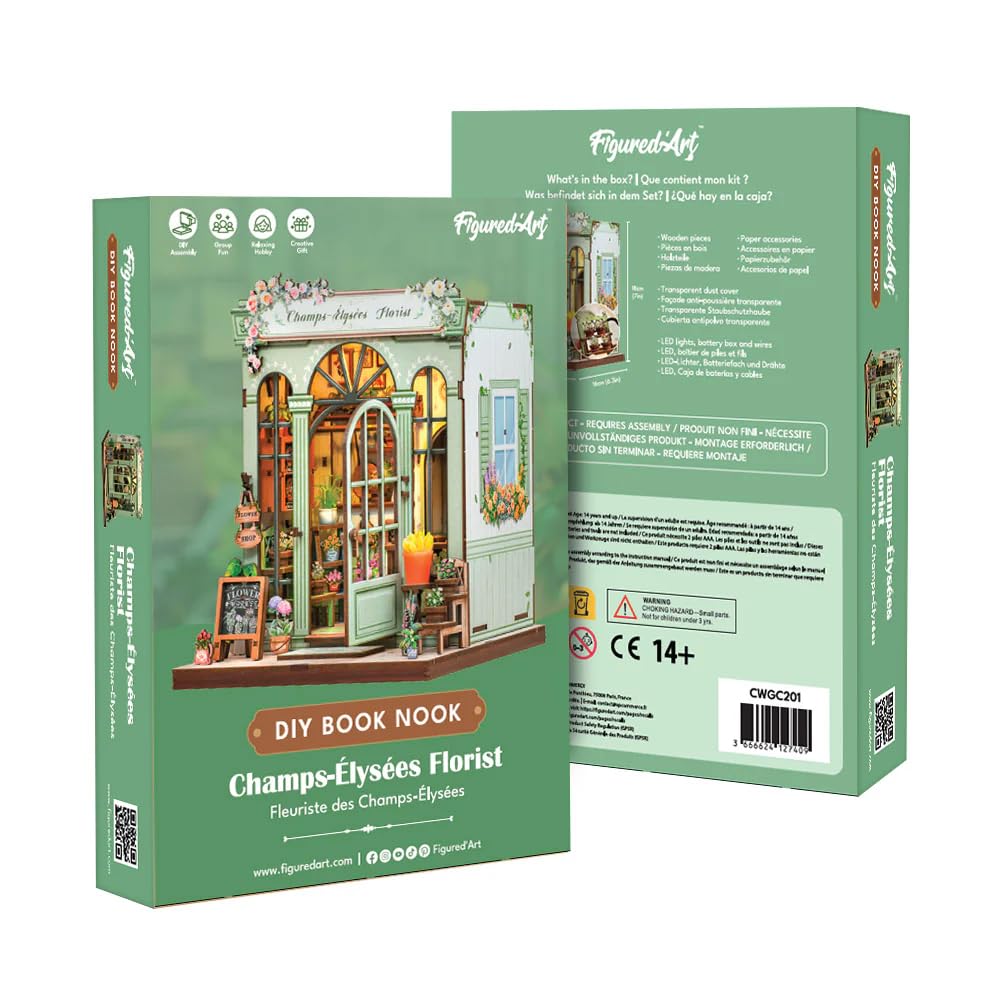 Figured'Art Book Nook Florist aus den Feldern – 3D-Modellbausatz aus Holz zum Bauen mit LED – Dekoration Bibliothek für Erwachsene – 199 Teile