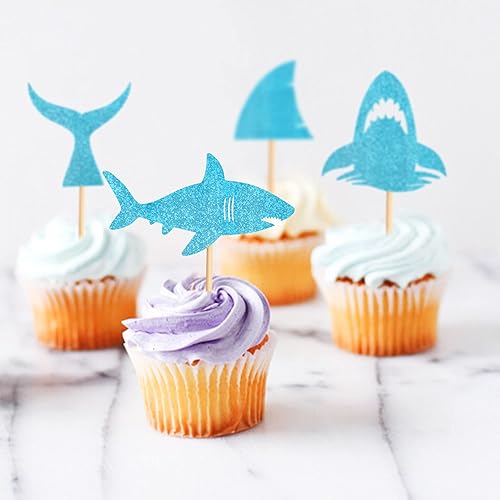 Miniatura 8 de Ercadio Paquete de 24 adornos para cupcakes de tiburón con purpurina azul, aleta de tiburón, animales del océano, tema de tiburón, baby shower,