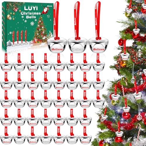 40 Sets Christmas Bells Ornaments Christmas Believe Bells Bulk Polar Express Decorations Xmas Party Gifts Favors Silver Sleigh Jingle Bells for Christmas Tree Home Decoration(1.6 Inch)
