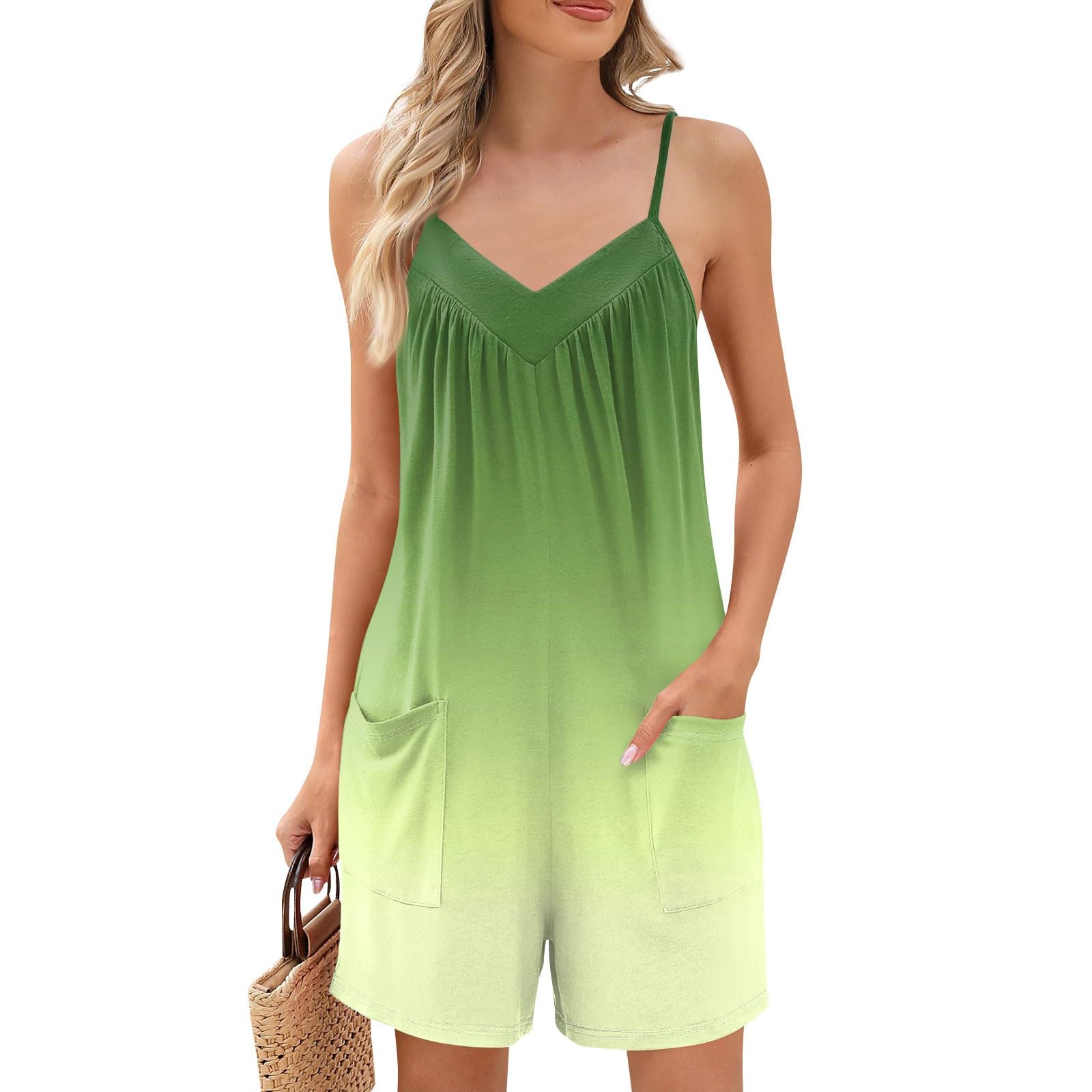 YUTANRALWomens Summer Casual Sleeveless Rompers Spaghetti Strap One Piece Jumpsuits Wide Leg Shorts Overalls with Pockets