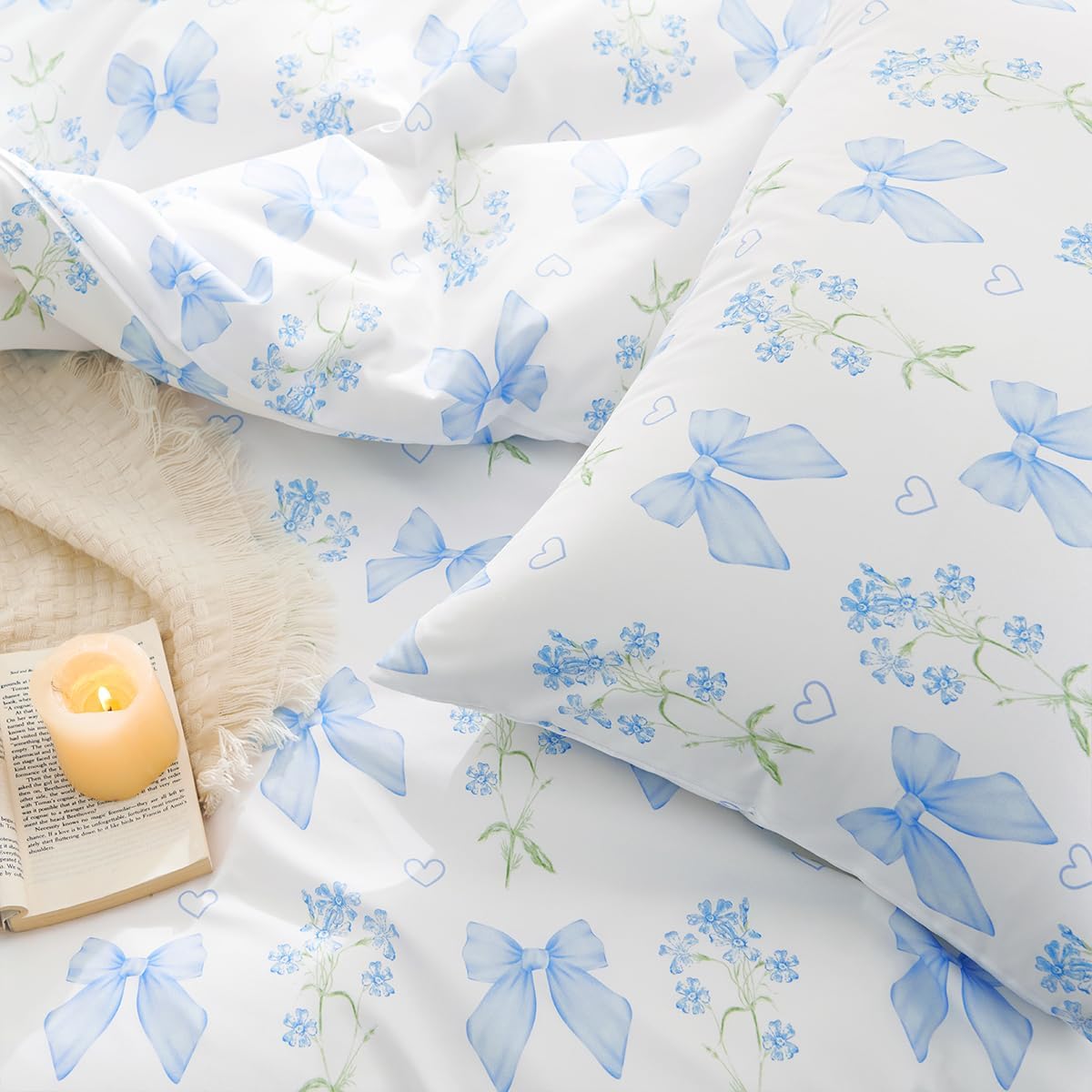 Blue Bow Duvet Cover Full 3Pcs Girls Floral Duvet Cover Set, Cute Romantic Princess Style Bowknot Bedding Set Soft Microfiber Garden Flower Bedding with 2 Pillowcases(No Comforter) - Image 5