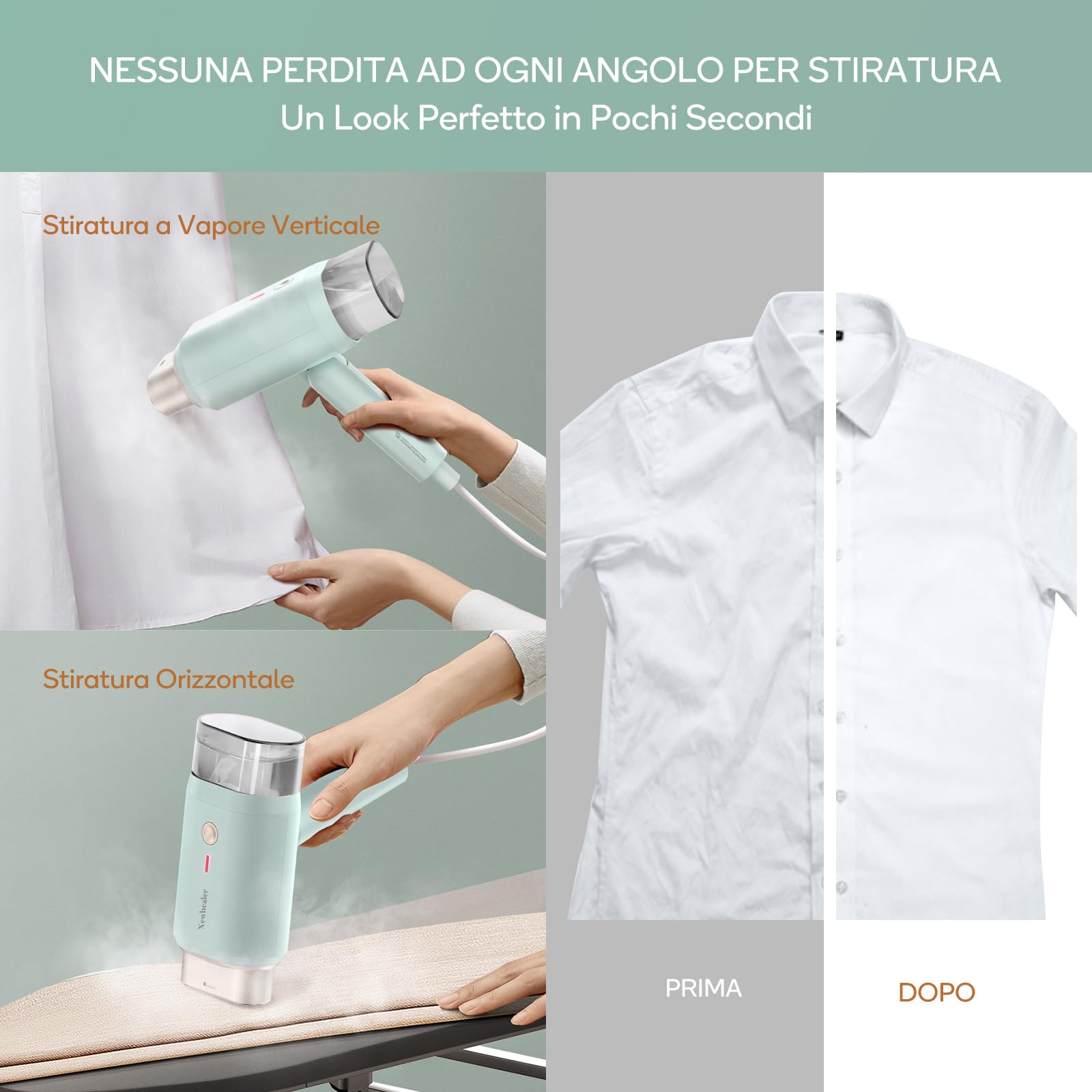 Newbealer Ferro da Stiro Verticale, Stiratrice Verticale Portatile Pieghevole, 1200W 2 Livelli di Vapore, Riscaldamento Rapido 20s e Serbatoio dell'acqua Estraibile da 180ml per Viaggio Casa, verde