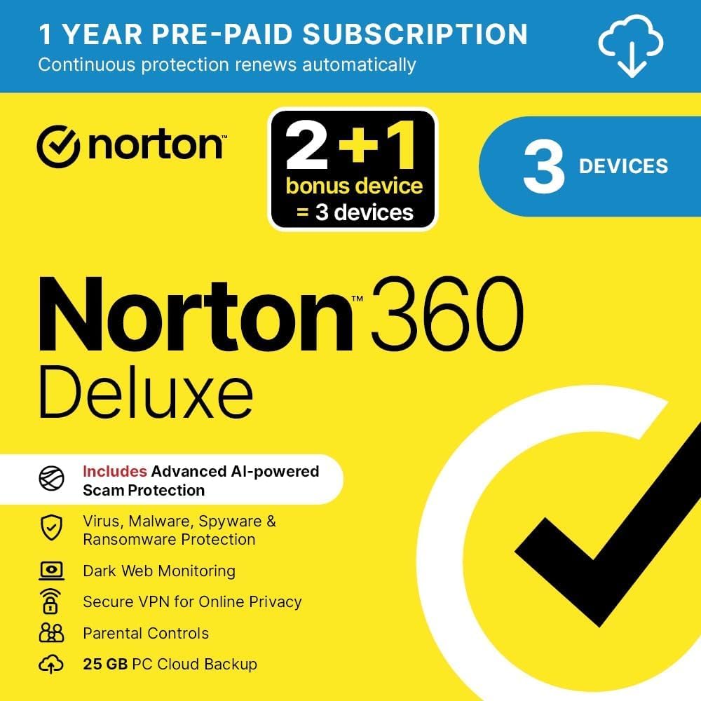 Norton 360 Deluxe 2026, Antivirus Software for 2 + 1 Devices and 1-Year Subscription with Automatic ‎Renewal, Includes Secure VPN and Password Manager, PC/Mac/iOS/Android, Activation Code by email