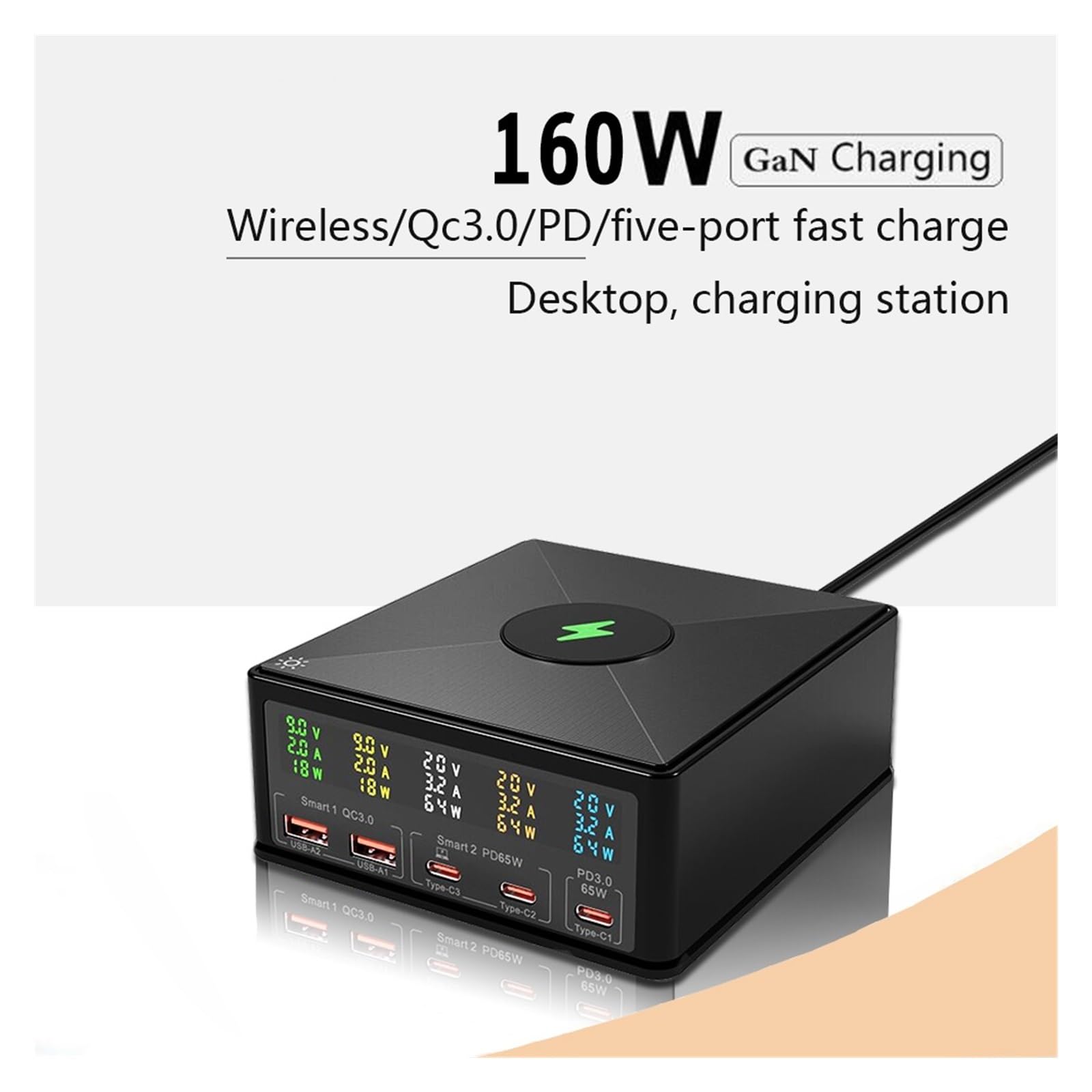 Caricatore USB Multiplo, Hub USB da 160 W a 5 Porte con Caricabatterie Wireless da 15 W, Display LCD, Caricatore rapido USB-C QC3.0 PD 65 W, Ricarica Sicura