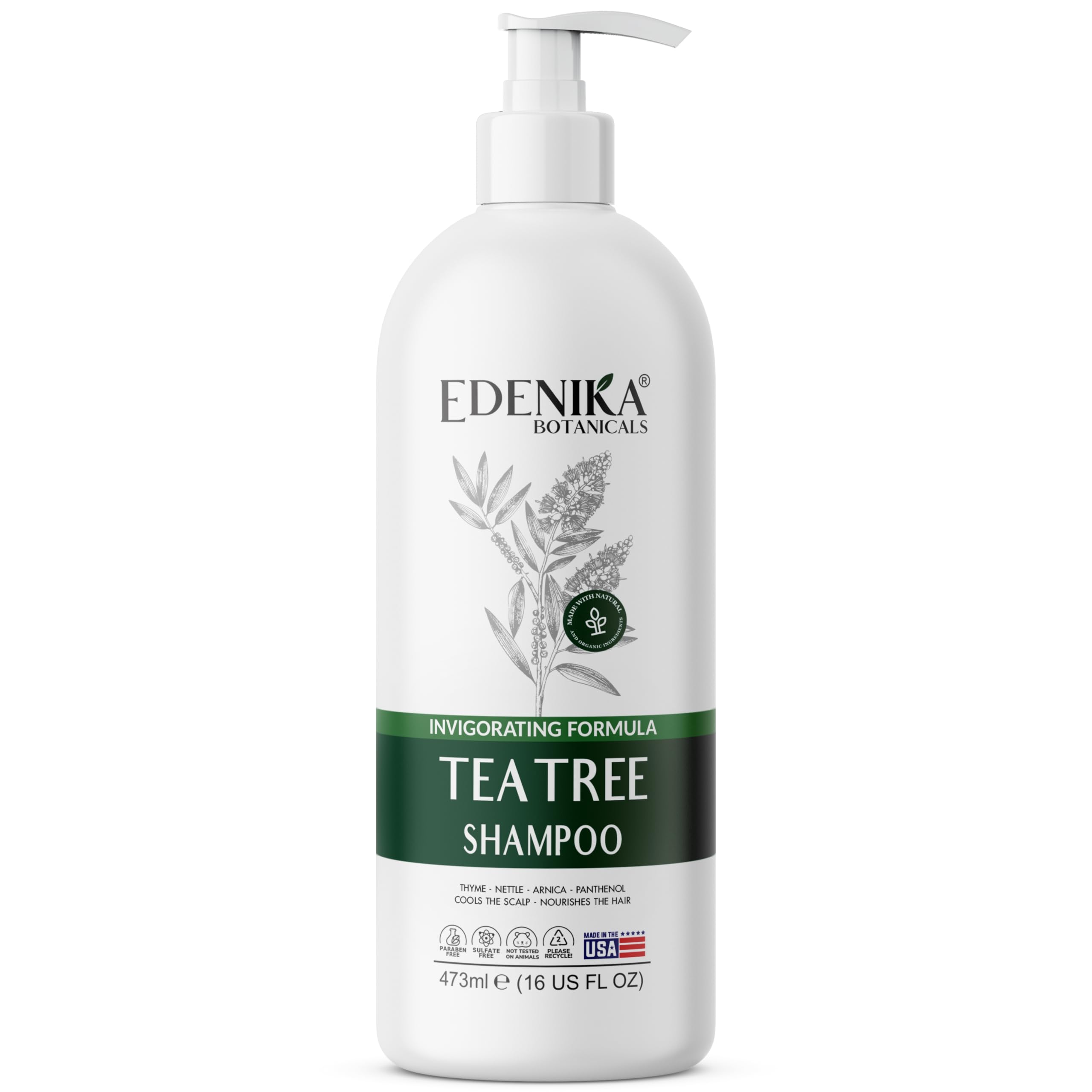 EDENIKA BOTANICALS Tea Tree Oil Shampoo, Soothes Itchy & Dry Scalp, Deep Cleansing for Dandruff & Buildup, Hydrates & Refreshes, Sulfate Free, Natural Shampoo for Women & Men – 16 fl oz