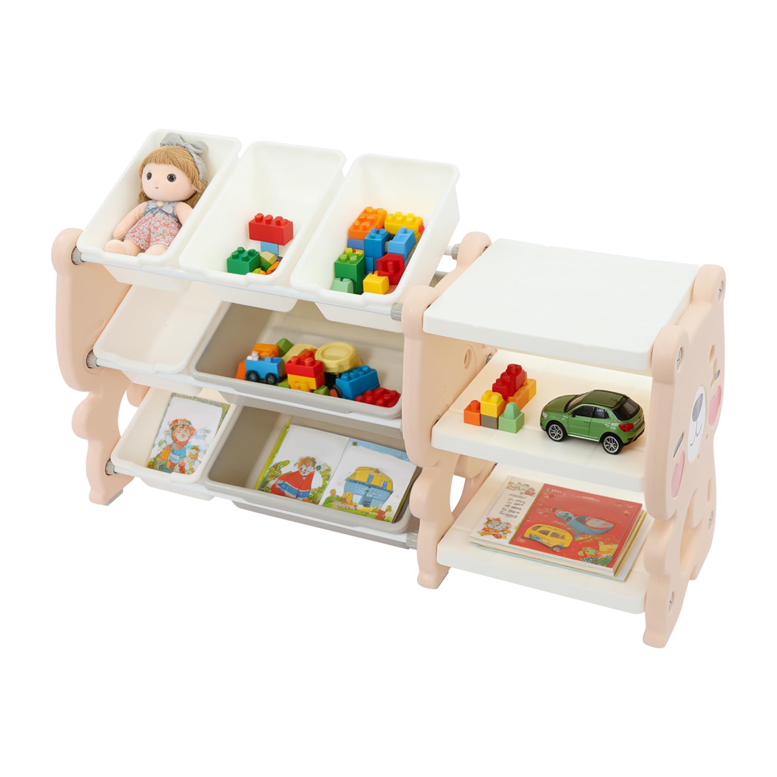 Spielzeug-Organizer mit 3 Regalen & 7 Behältern, Kinder Spielzeugregal für Schlafzimmer & Kinderzimmer, Aufbewahrungsset für Bücher, Spielzeug & Zubehör (Rosa)