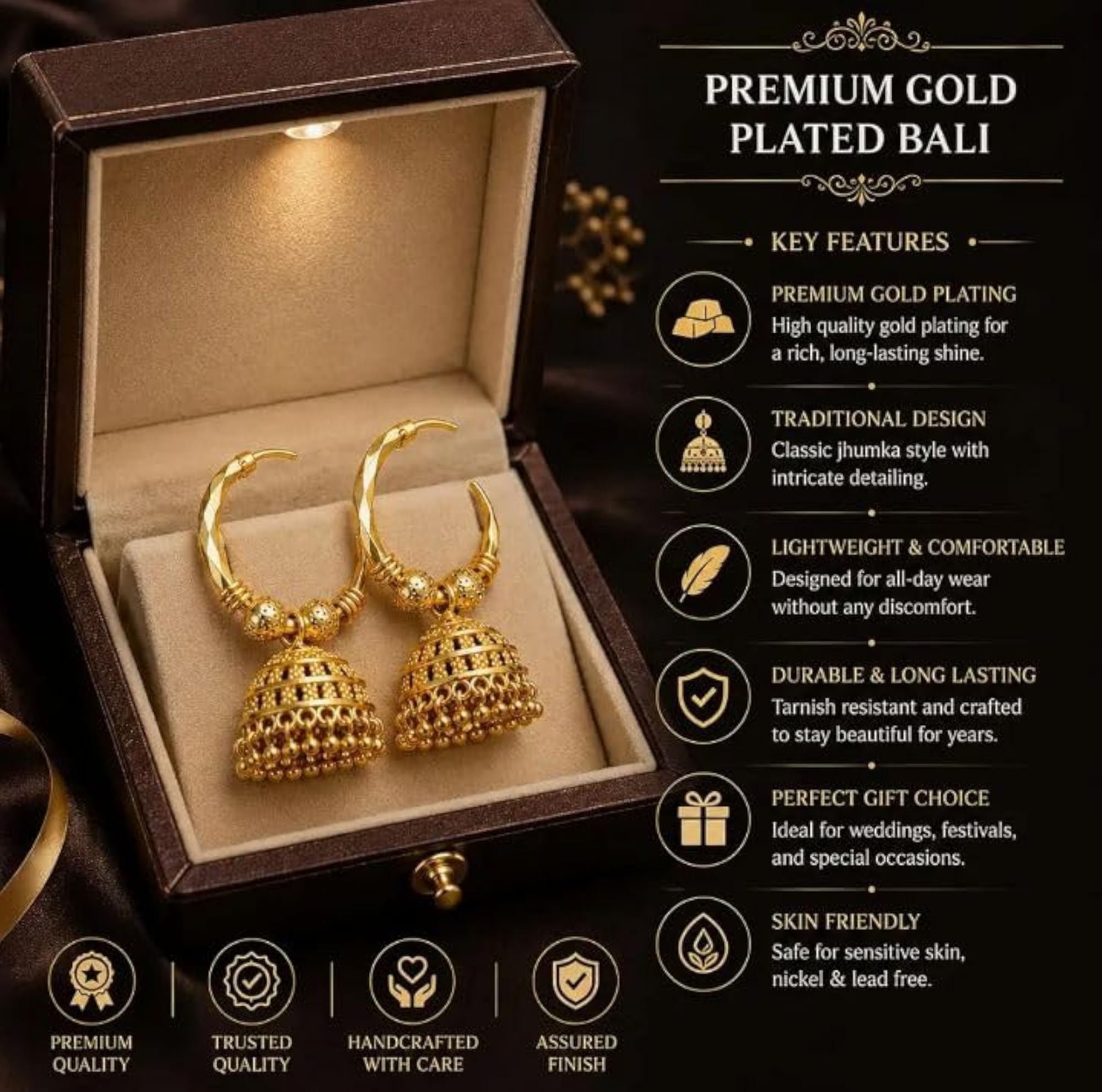 Traditional Gold Plated Jhumka Bali Hoop Earrings, Ethnic Style