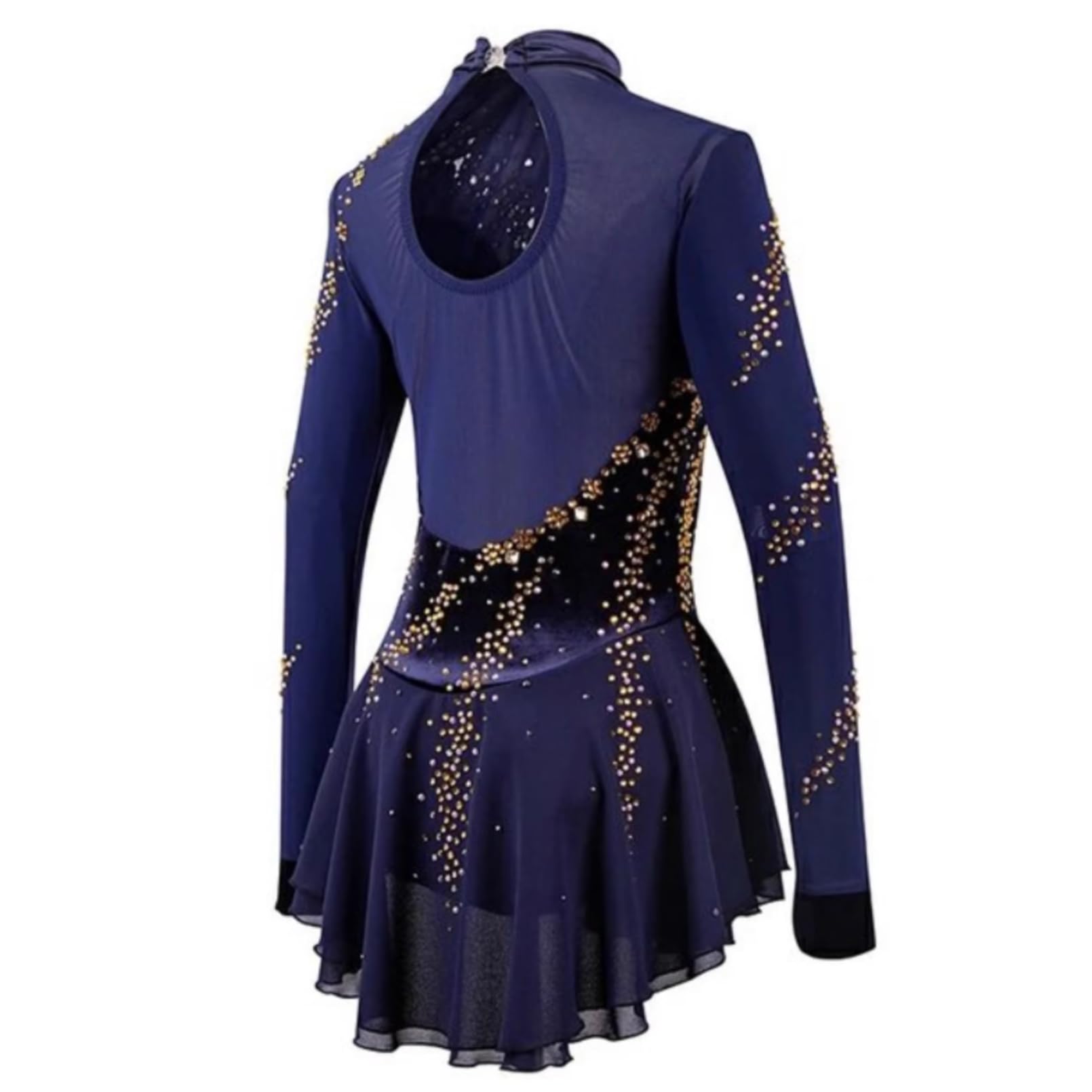 Kürkleider Eiskunstlauf Kleid für Damen, Lyrisches Ballett Tanzkostüm Lila Hoher Ausschnitt Voller Strass Handgemacht Turnanzug Mädchen Langarm