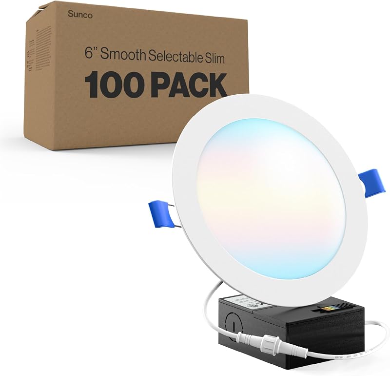 Sunco 100 Pack 6 Inch Canless LED Ultra-Slim Recessed Light 5CCT, 14W=100W | 1200LM, Selectable CCT 2700K/3000K/4000K/5000K/6000K, Dimmable, Wafer Thin, with Junction Box, Canless LED Ceiling Downlight