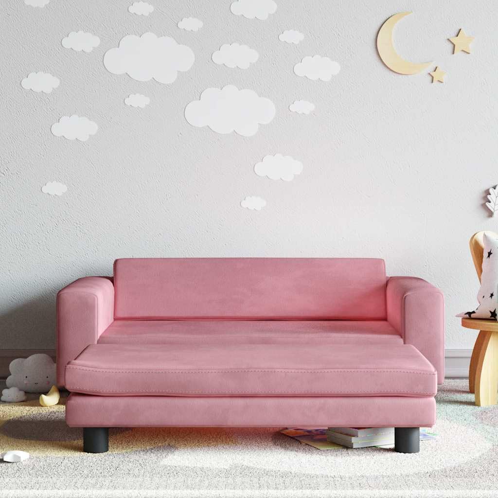 Divano per bambini con sgabello, rosa, in velluto, 100 x 50 x 30 cm, con struttura in legno di pino massiccio e imbottitura in morbida schiuma, per la cameretta dei bambini, ideale per la
