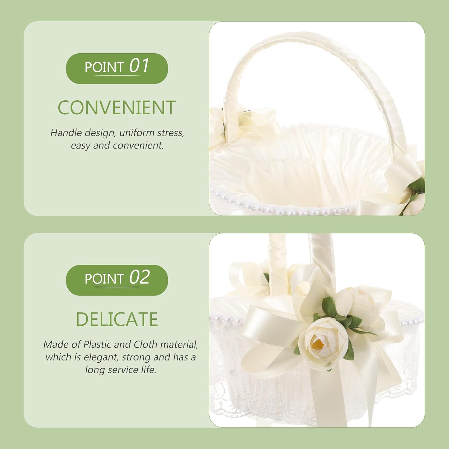 Wedding Flower Basket with Bowknot, White Handheld Flower Girl Basket, Faux Rose Decoration for Wedding Ceremony and Party Supplies
