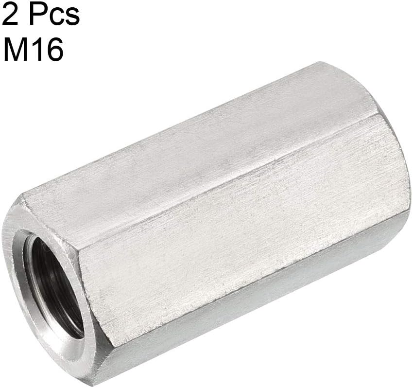 uxcell M16 X 2-Pitch 50mm Length 304 Stainless Steel Metric Hex Coupling Nut, 2-Pack