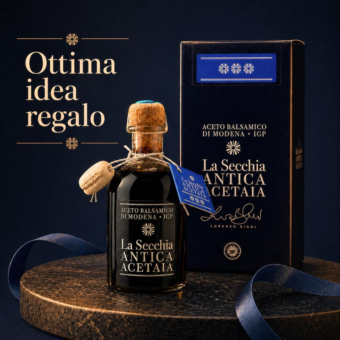 La Secchia - Aceto Balsamico di Modena IGP "Tre Stelle", Affinato in 12 botticelle di Ciliegio-Gelso, Media Densità, Bottiglia 250 ml con Tappo Dosatore in Sughero