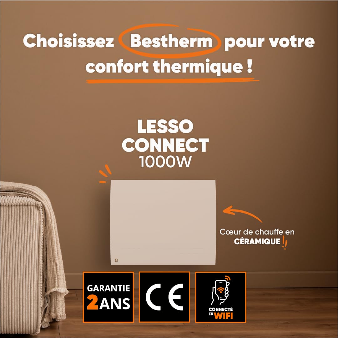 BESTHERM - Elektryczny grzejnik elektryczny podłączony WIFI z ceramiczną suchą bezwładnością 1000 W Bestherm LESSO CONNECT poziomy biały