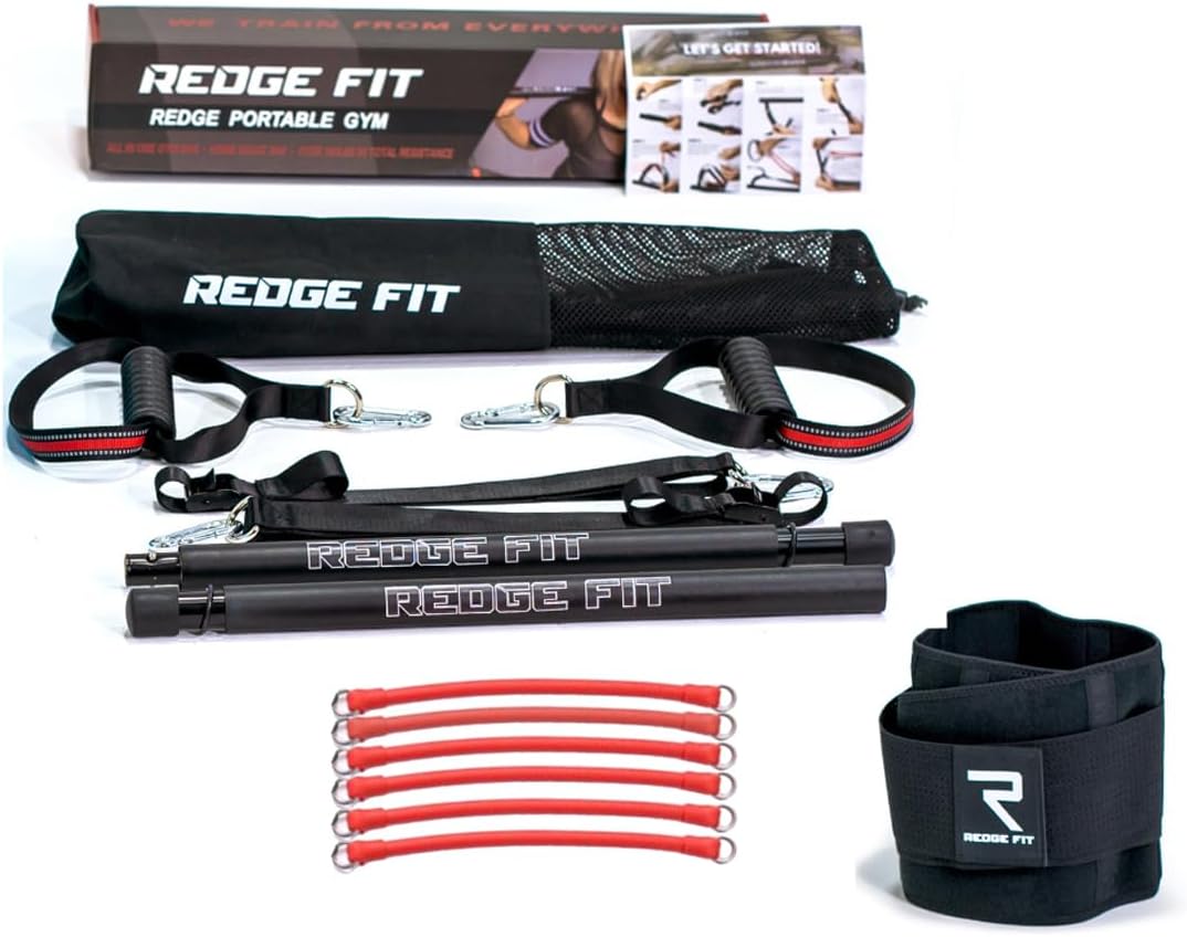 redge fit™ complete portable full body home gym park workout set | 6 tension bars + black waist belt 6 tension bar + black waist belt-medium