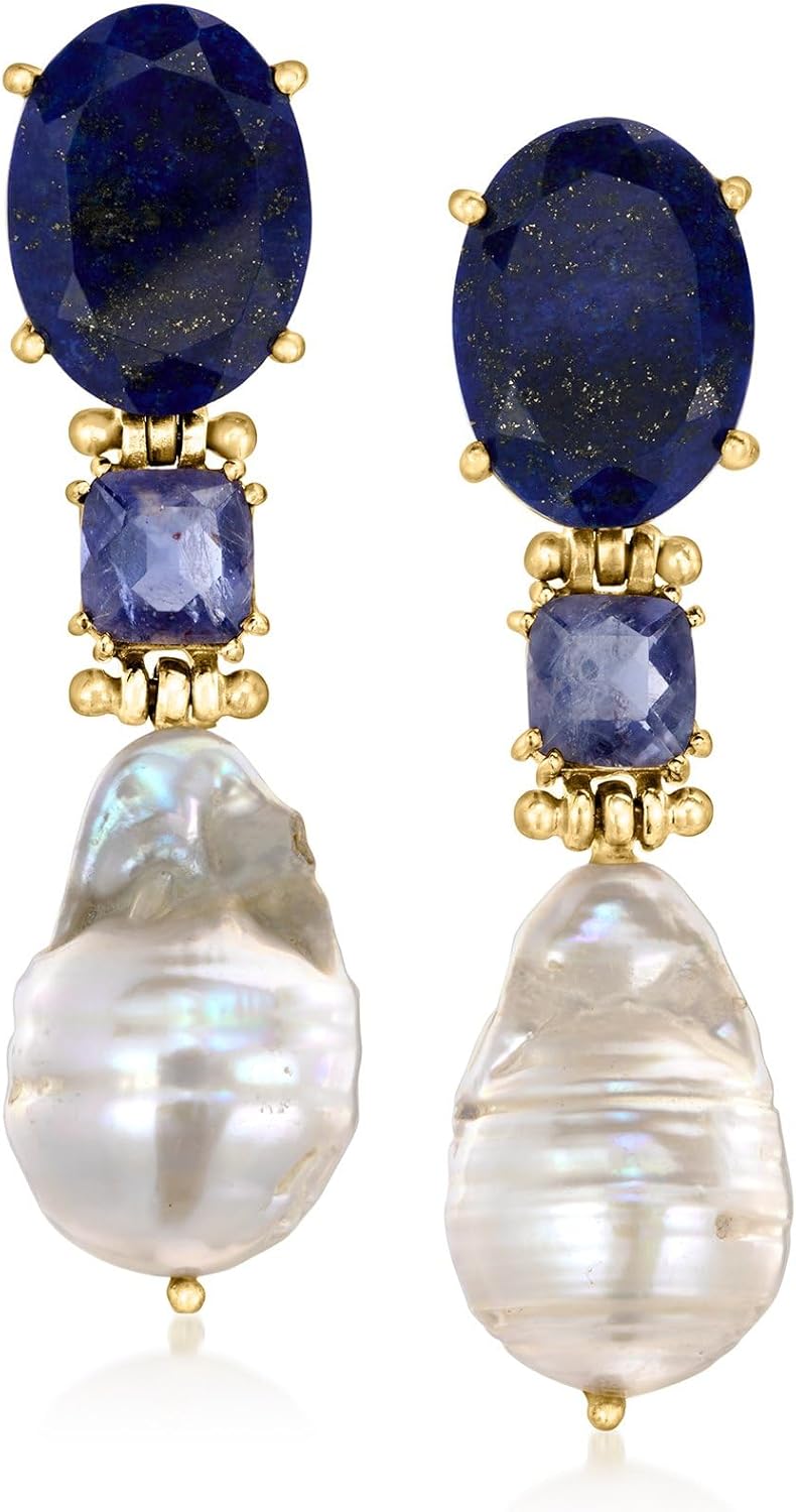 Ross-Simons 14-16mm Cultured Baroque Pearl and 3.60 ct. t.w. Iolite Drop Earrings With Lapis in 18kt Gold Over Sterling