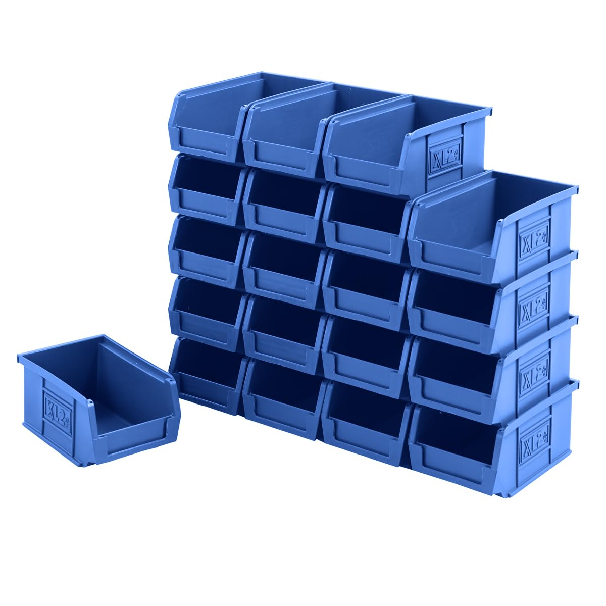 Bigdug Blue Plastic Parts Bins - Stackable Or Wall Mounted Storage Boxes Garage Organiser - Pack Of 20 - 75H X 100W X 165D Mm