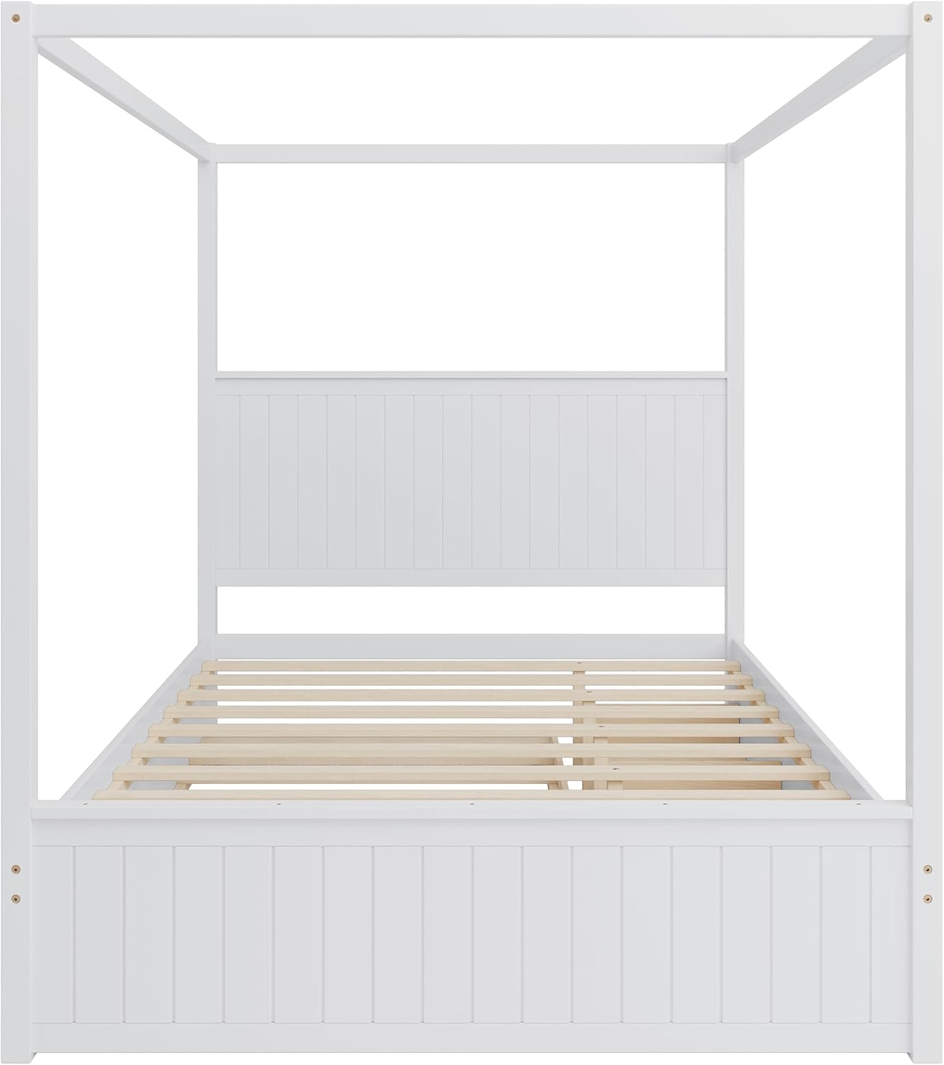 Modern 4-Poster Canopy Platform Bed Queen Size with Channel Headboard, Solid Wood Canopied Design Platform Bed Frame with Trundle and 3 Storage Drawers (White-2.22)