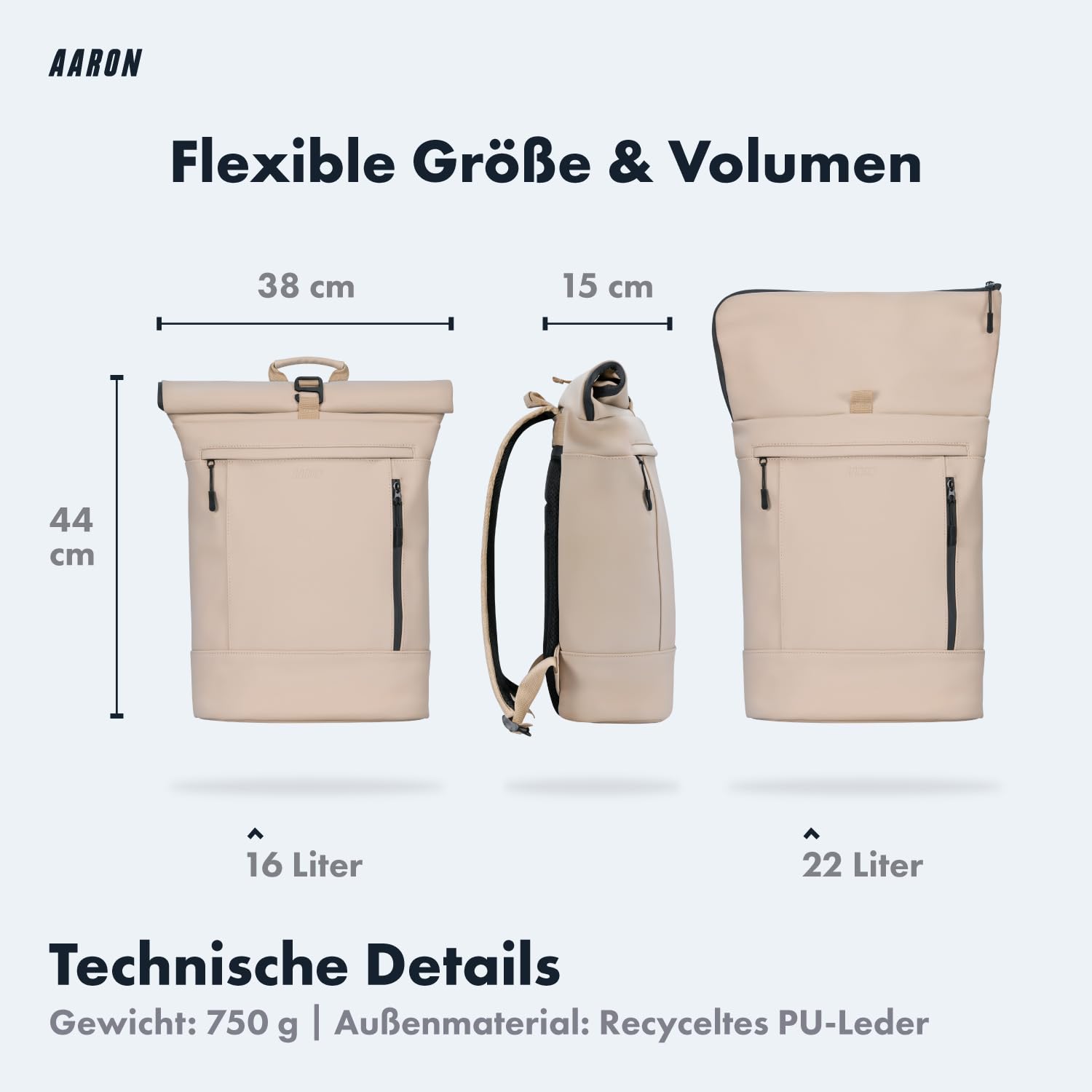 AARON Rolltop Rucksack Damen und Herren, mit Laptopfach, Daypacks, Rollrucksack Damen aus recycletem PET (wasserabweisend) für UNI, Reisen, Alltag, Rolltop Backpack in schwarz und Beige