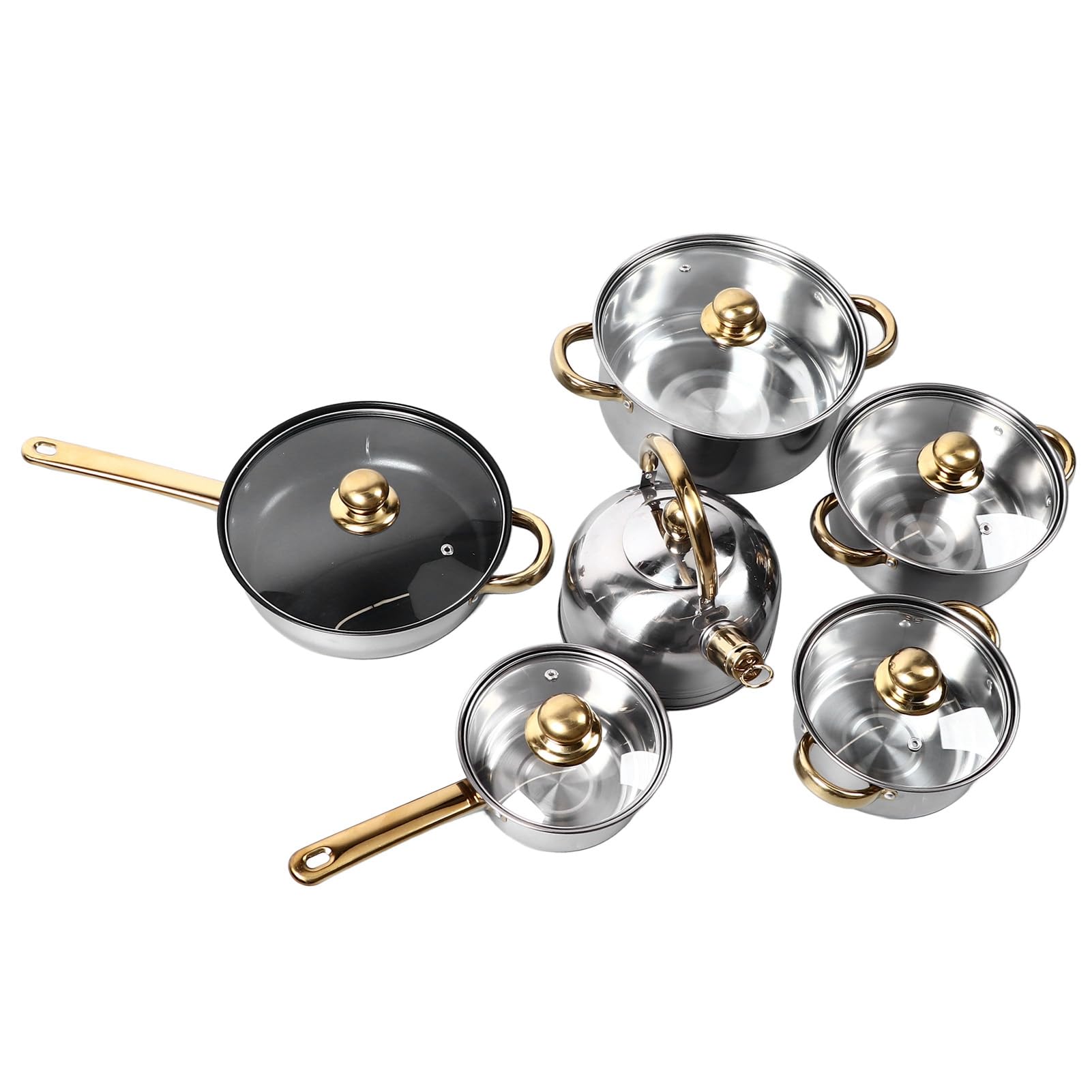 Set di pentole e padelle da in acciaio inossidabile da 12 pezzi con manici dorati Set completo di pentole e padelle per casalinga Dimensioni multiple Compatibile con induz