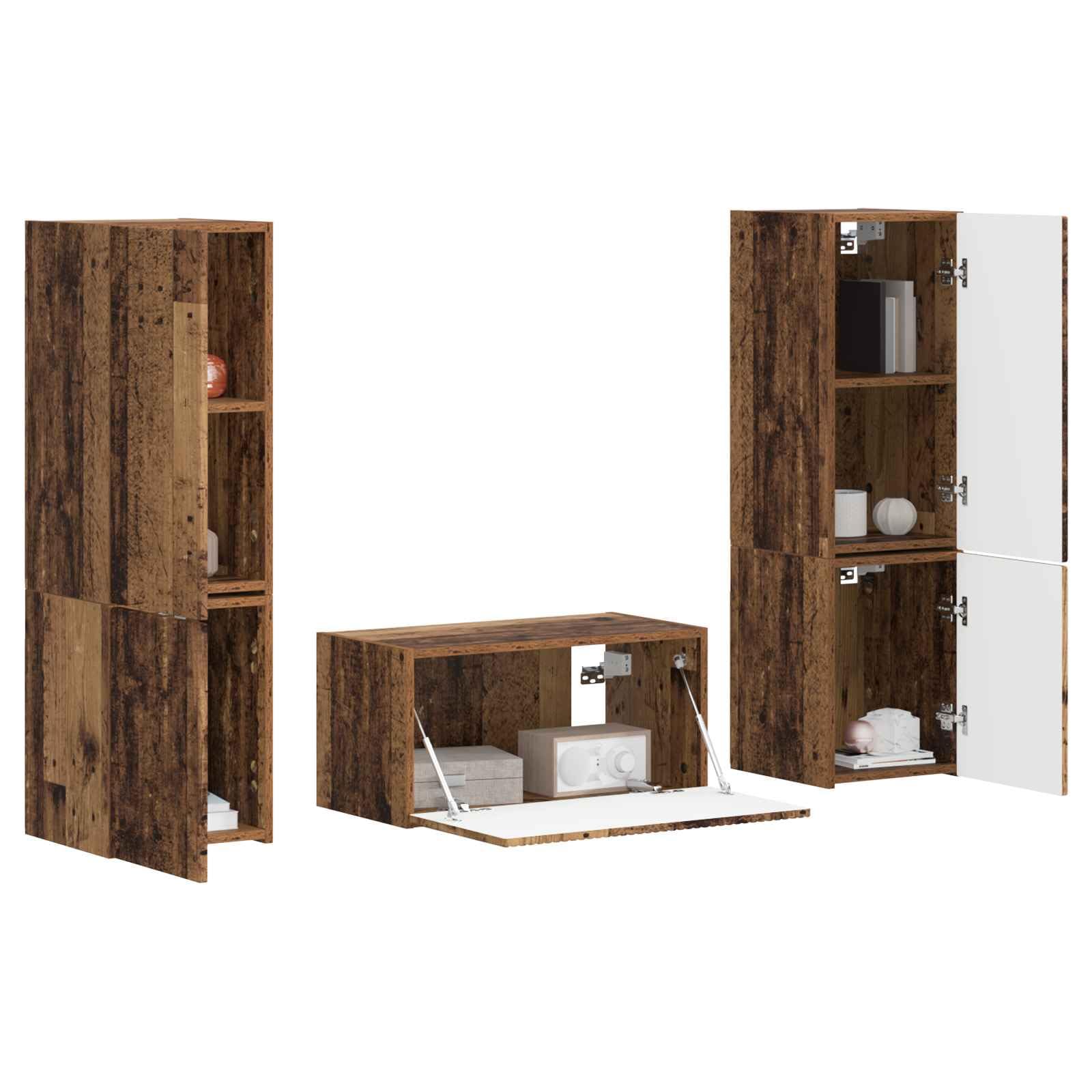 TV-Schrankset 5 pcs Altholz Holzwerkstoff Wandregale Media Center Unterhaltungscenter Fernsehschrank Wohnzimmermöbel Stauraum Schiebetür Kabelmanagement USB Steckdose modernes Design 5-teilig