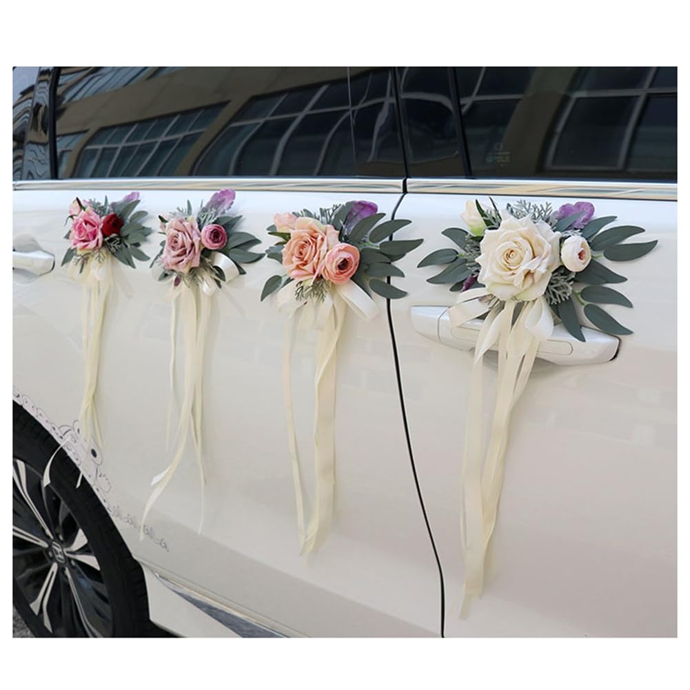 Hochzeit Autoschleifen Künstliche Blume Autoschmuck Rückspiegel Türgriff Rose-Blume-Schleife Dekoration Hochzeit Stuhl Deko Hochzeitsauto Schmuck für Hochzeitsschmuck Party Creme-Pulver 6 Stück