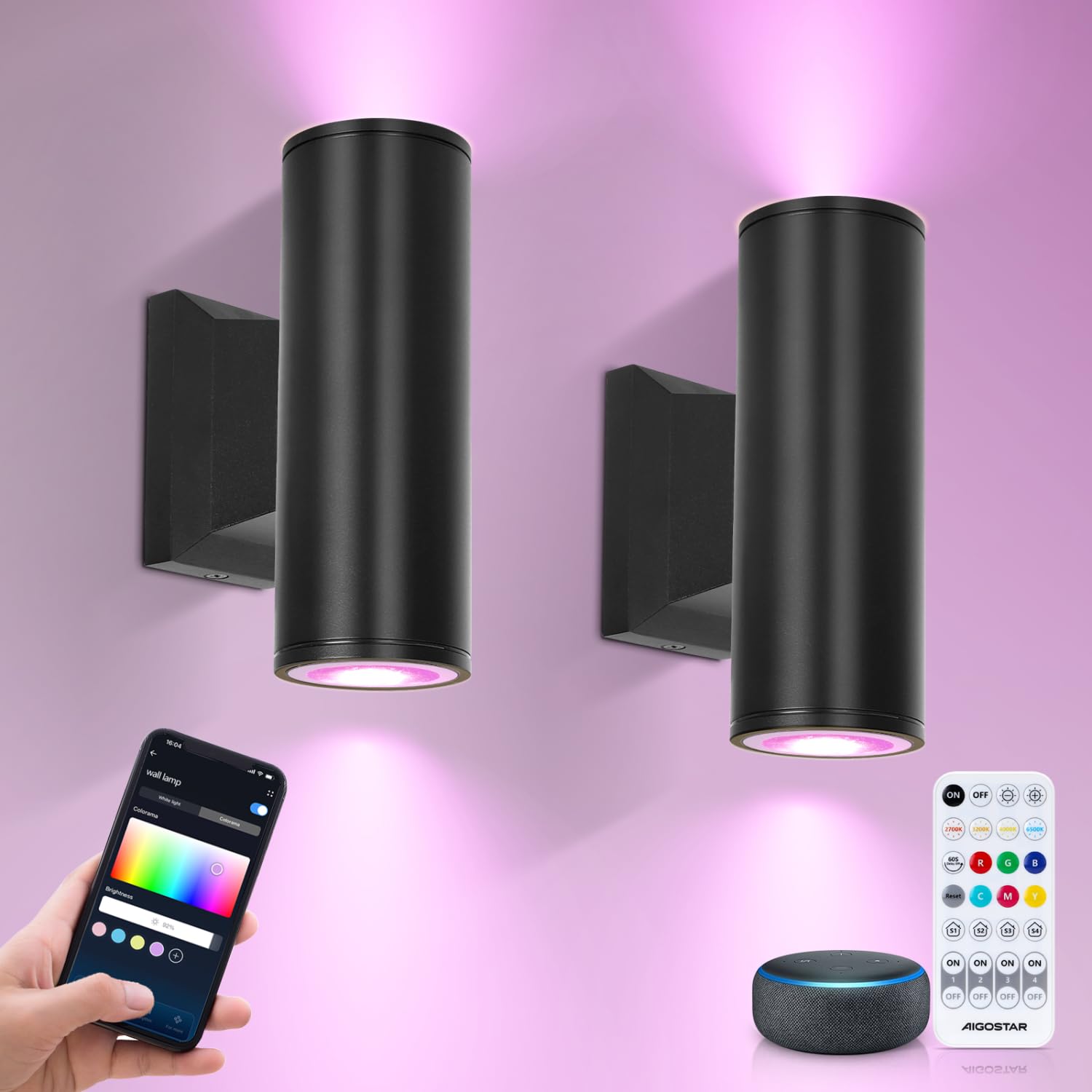 Aigostar Mesh - Alexa LED Applique da parete per esterni Bluetooth Mesh, GU10 Intelligent Up Down Apparecchio da esterno IP65, Nero Illuminazione da parete per Alexa, 2 unità (con telecomando)