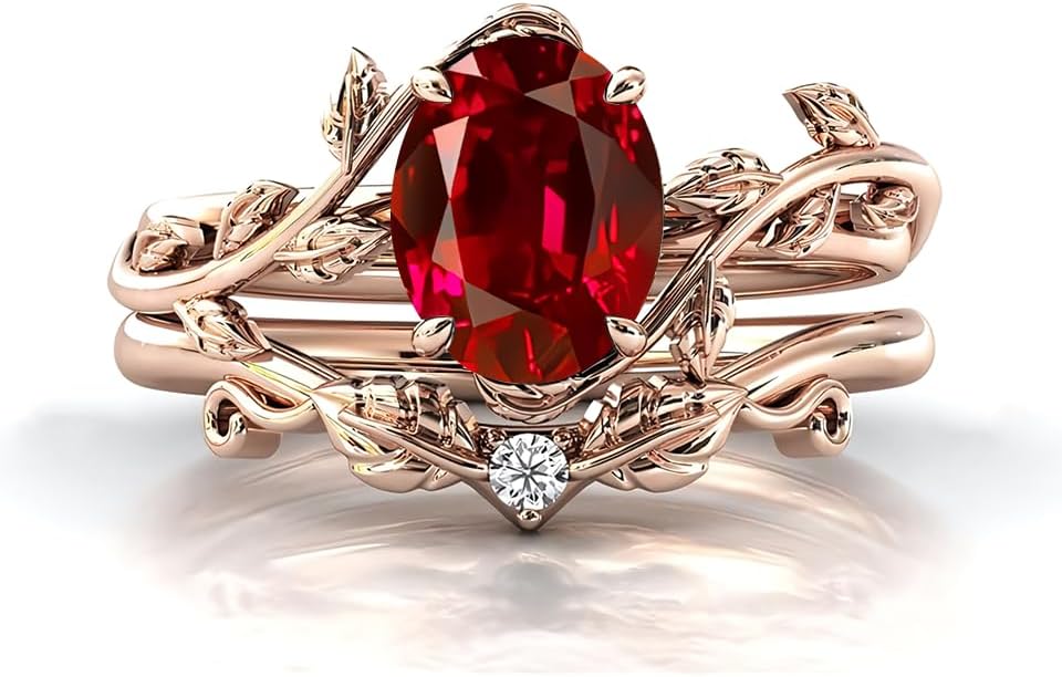 Oval Cut Gemstone Engagement Ring for Women Art Deco Vine Leaf Gemstone Wedding Ring Bridal Sets Engagement Ring Set Anniversary Promise Ring